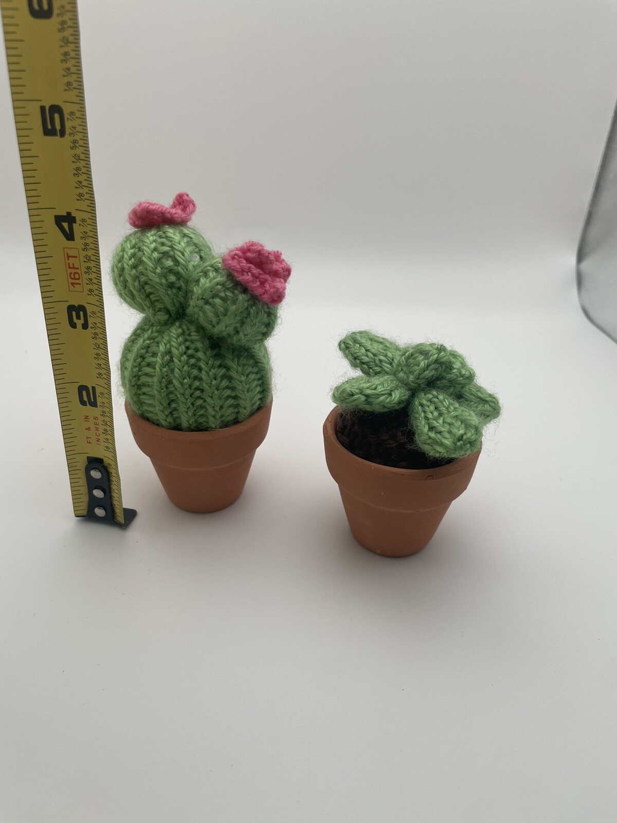Two Small Knit Cactus Potted Plants Pink & Green In Small Terracotta Pots