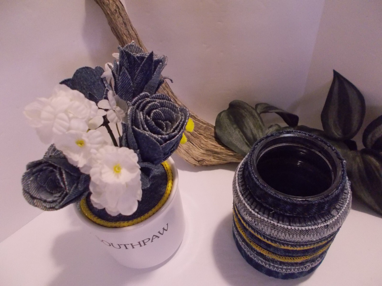 Southpaw Comics Coffee Mug w Handmade Denim Roses and Denim Seams Jar Vase