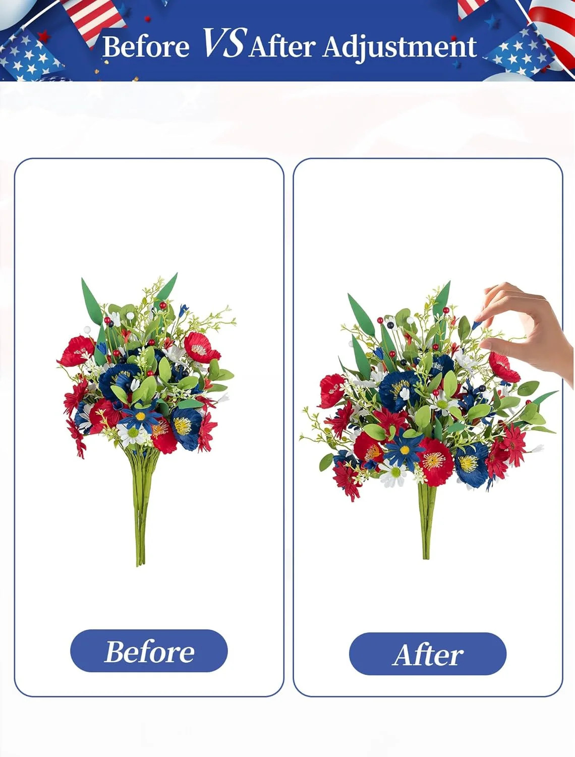 BLOSMON Red White and Blue Flowers: 4 Bundles Fake Flowers 4th of July Patriotic