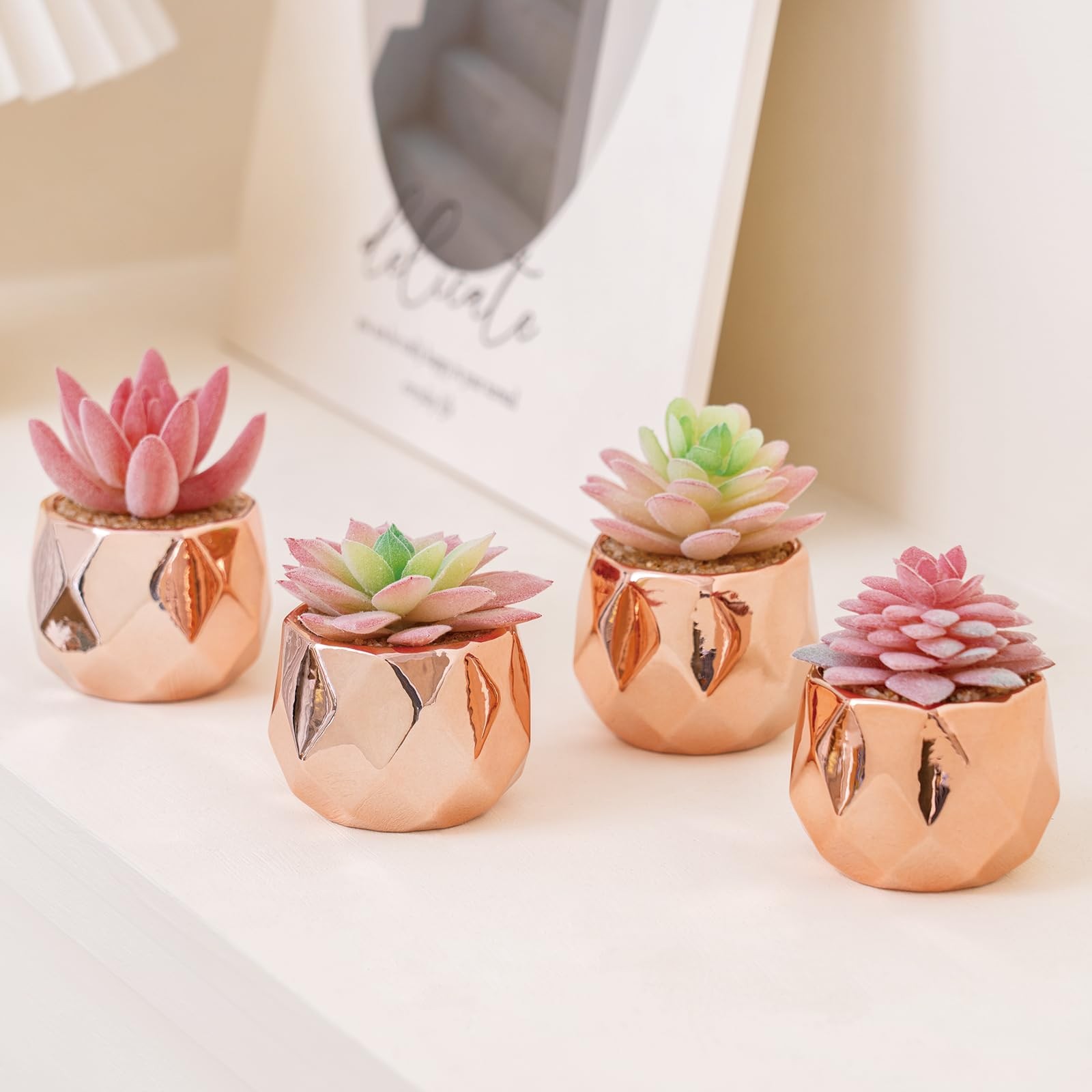 4 Pack Artificial Faux Succulents in Pots, Mini Rose Gold Fake Plants for Des…