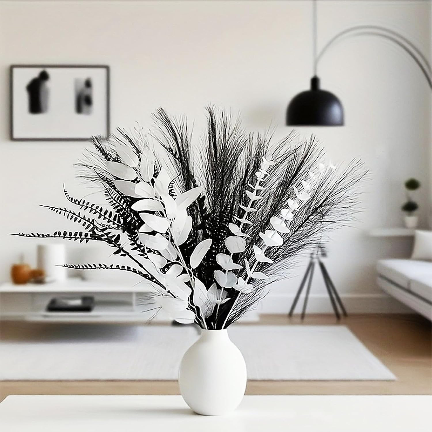 Black and White Artificial Bouquet – 17″ Eucalyptus Leaves and Pampas Grass, for