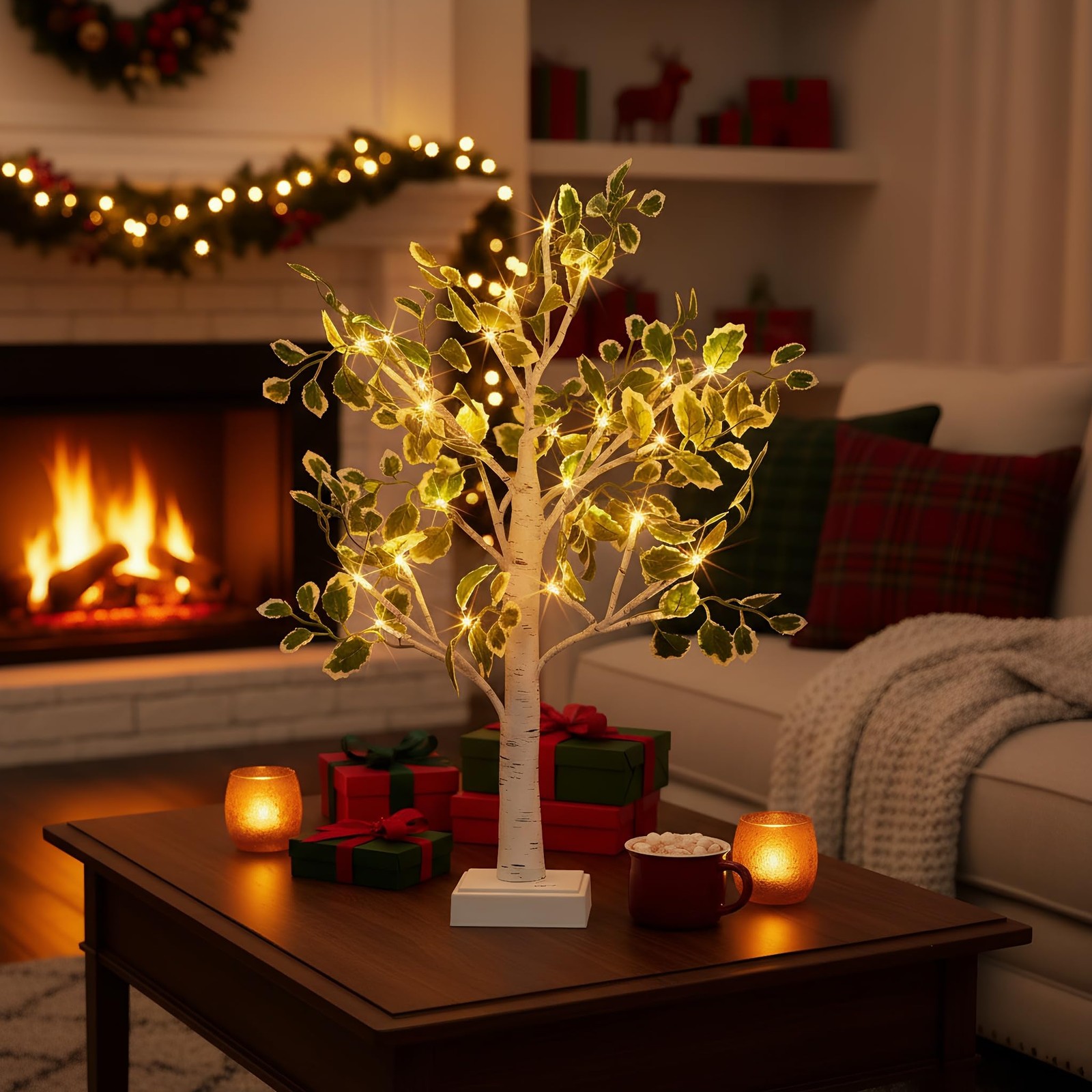 Birch Tree Lights 2 FT LED Fairy Light Green Leaves USB/Battery Tabletop Decor