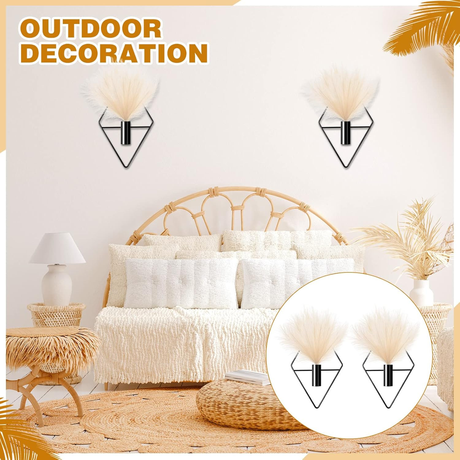 2 Pcs Boho Wall Decor Gold Wall Art Hanging Planters with Artificial Pampas Moun