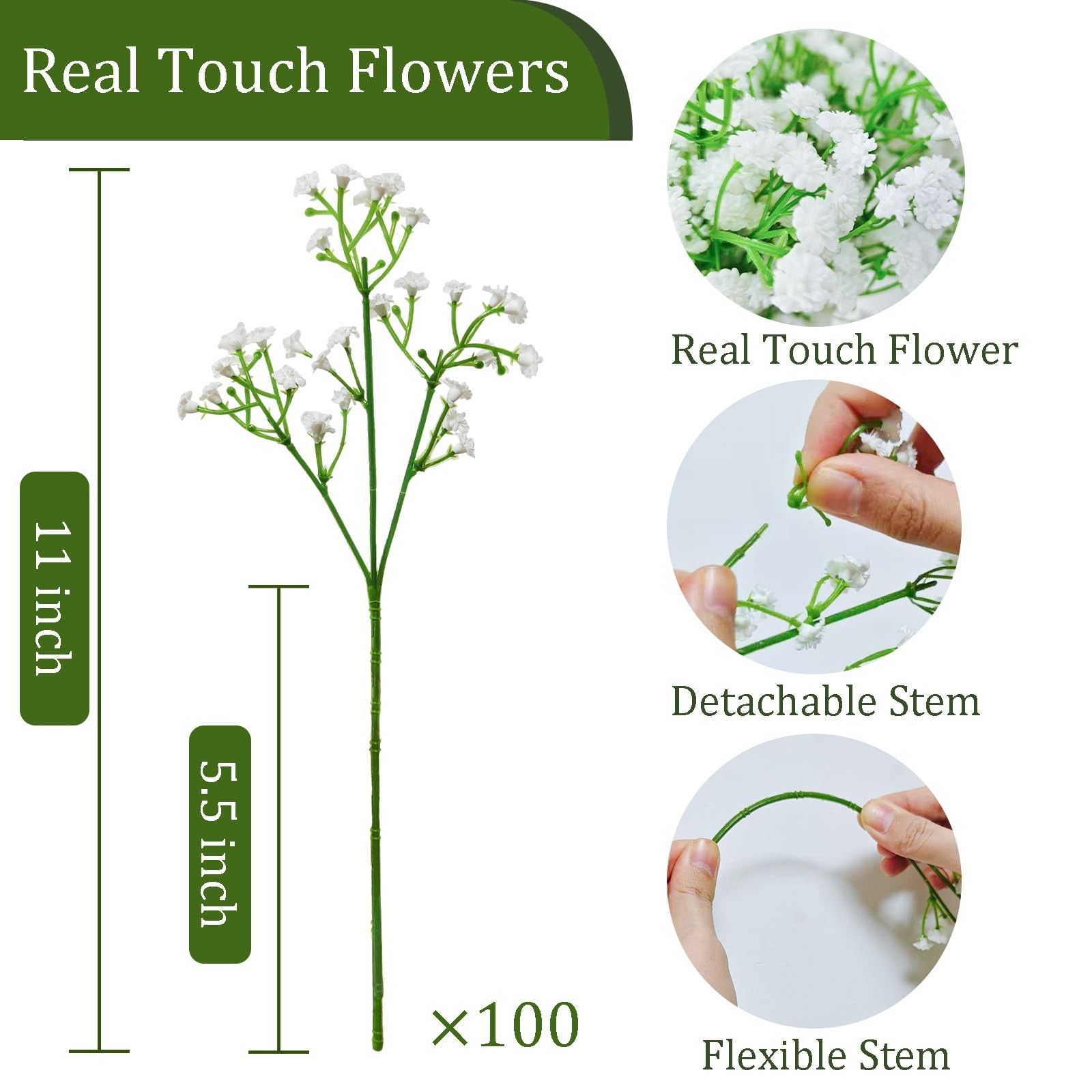 100 Pcs White Babys Breath Artificial Flowers Real Touch Bulk Gypsophila Decor