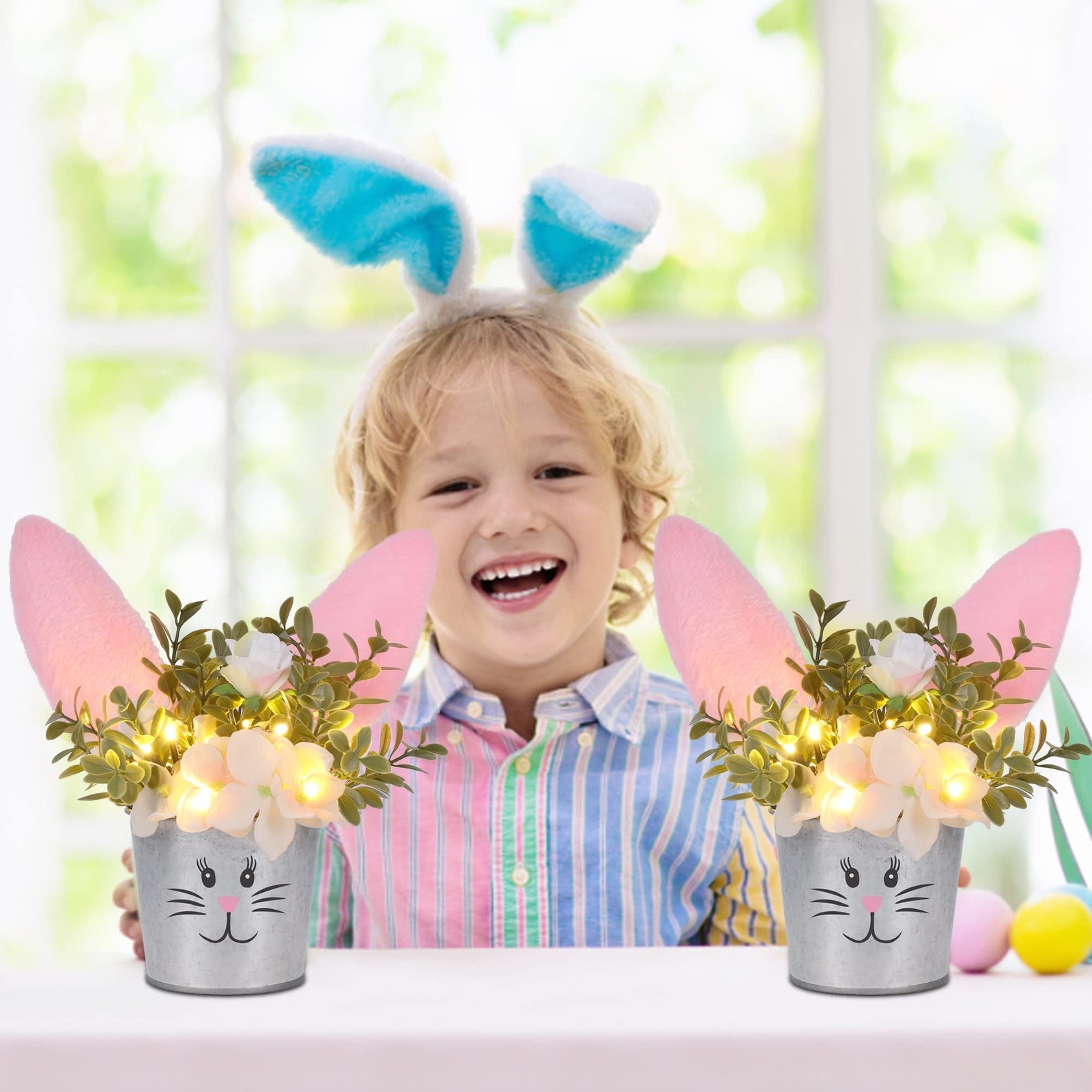 2 PCS Easter Table Decorations Artificial Flower With Bunny Ear Lighted