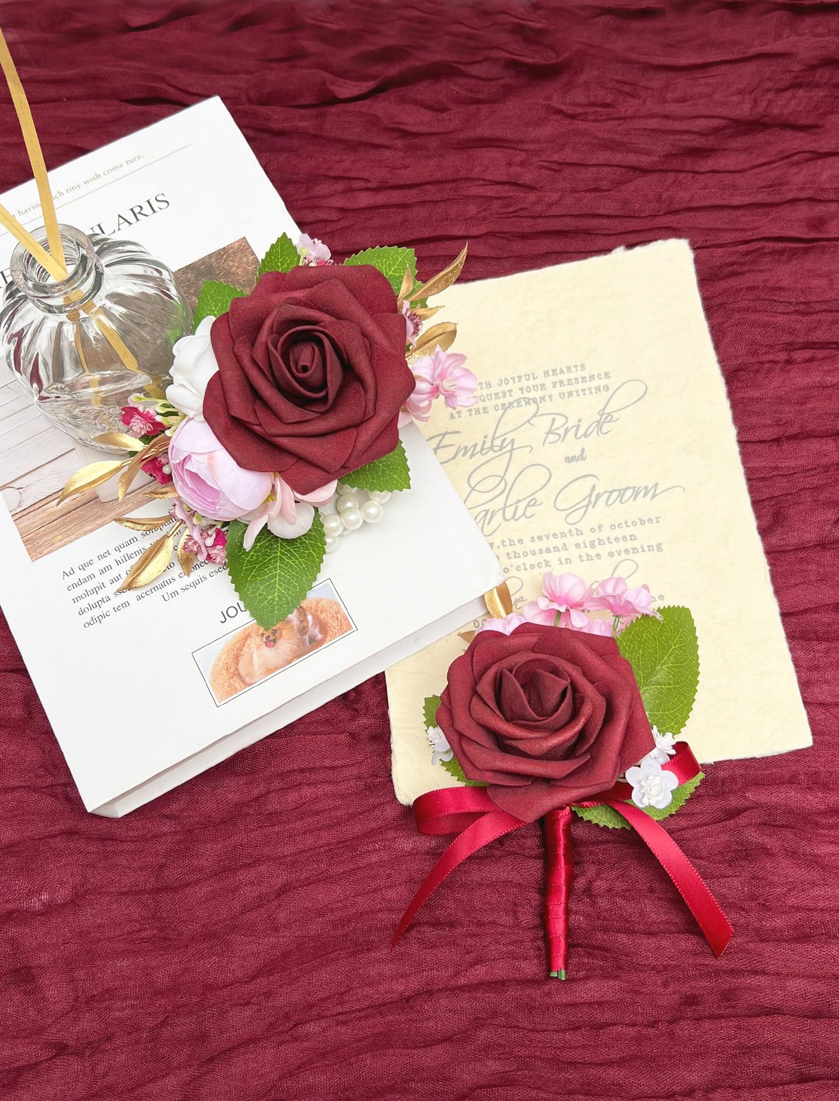 2 PCS Burgundy Red Artificial Foam Rose Wrist Corsage Boutonniere Set Prom