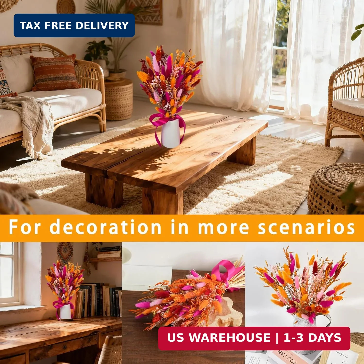 Boho Dried Flower Bouquet for Vase 17″ – Pampas Grass & Preserved Flowers Arrang