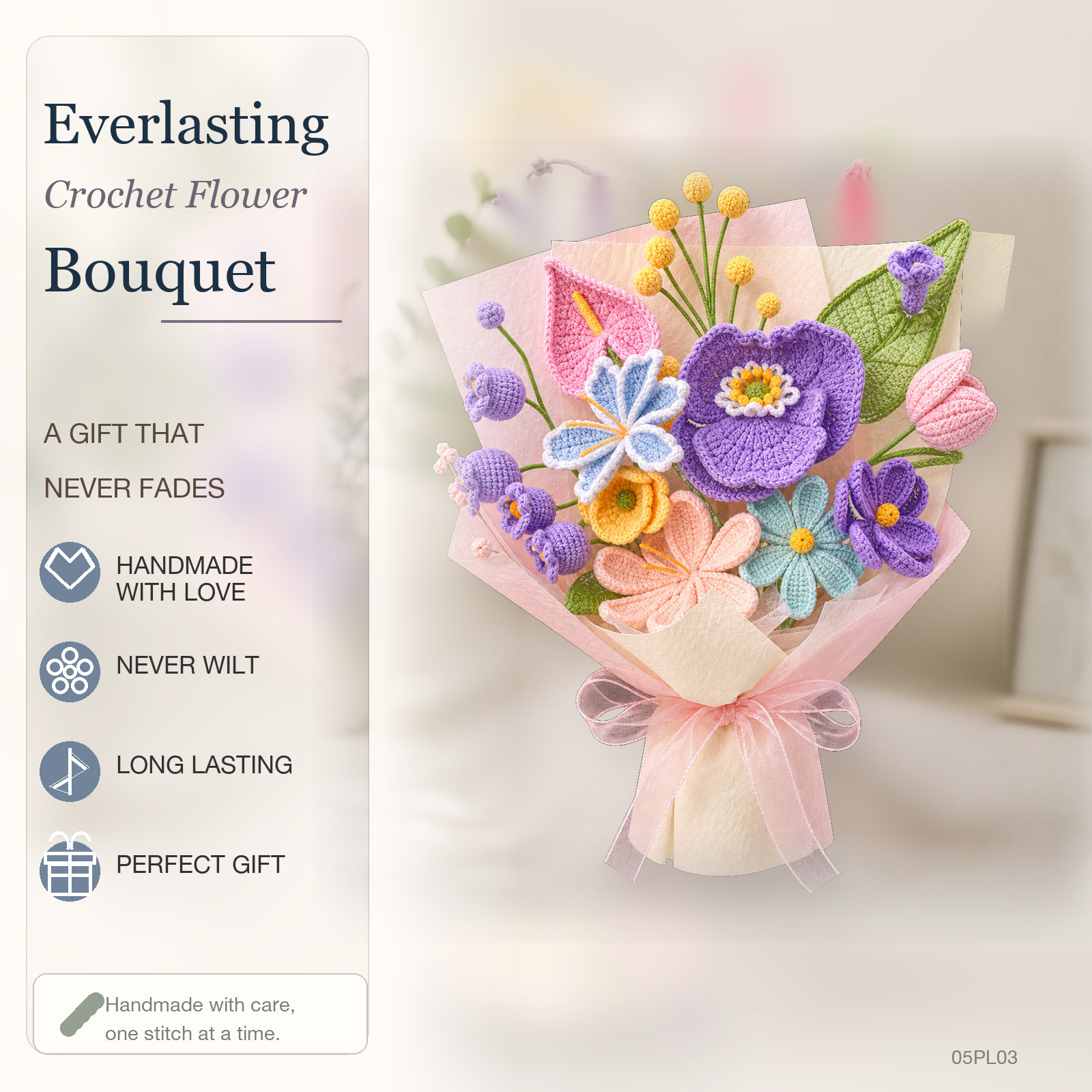 Purple Blue Crochet Flower Bouquet Birthday Thank You Gift for Mom