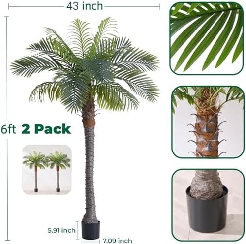 6FT Artificial Coconut Palm Tree Set of 2, UV Resistant Faux Sago Palm Plants…