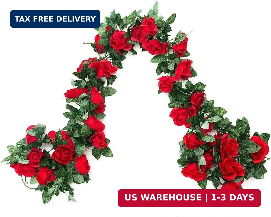 2 Pack 16FT Artificial Rose Garland Vine – Silk Fake Rose Flower Hanging Red