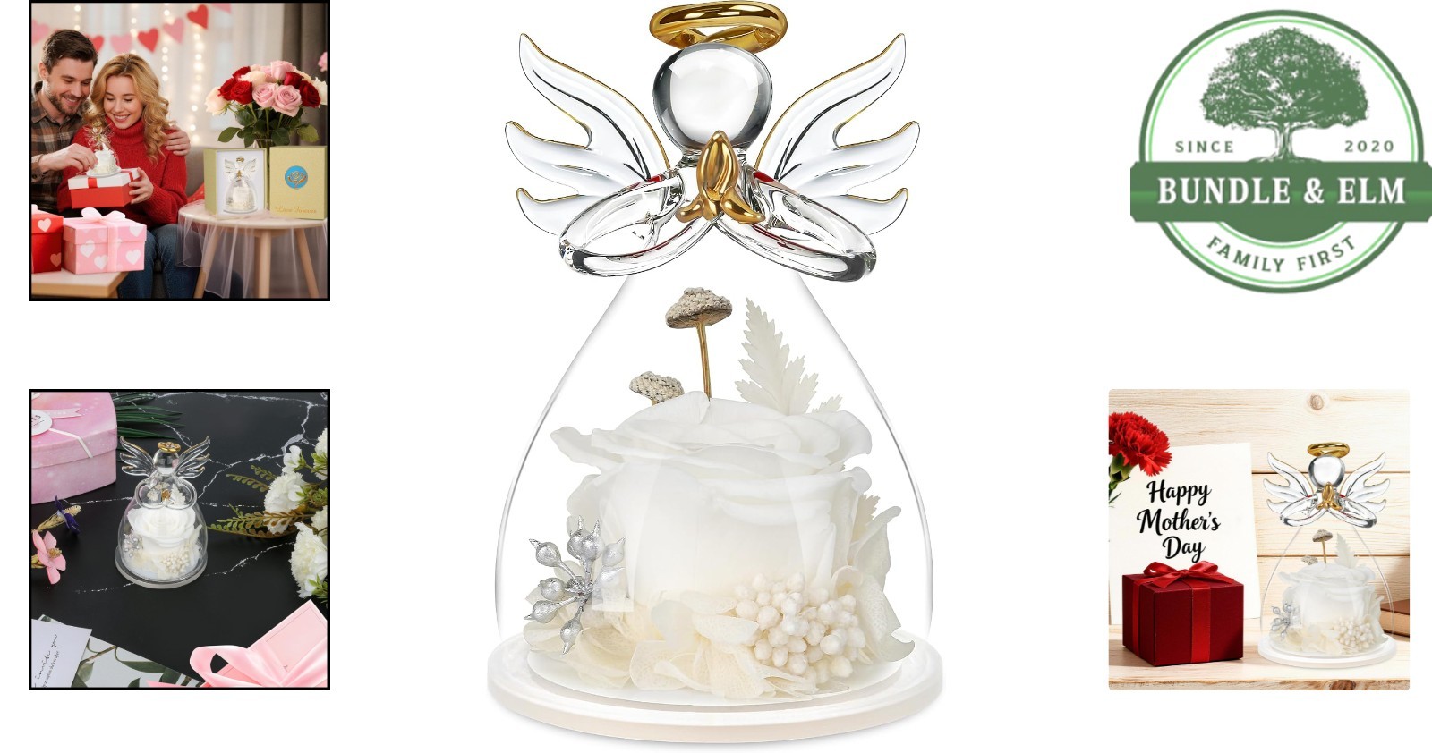 Preserved White Rose in Glass Angel Figurine for Special Occasion Gifts