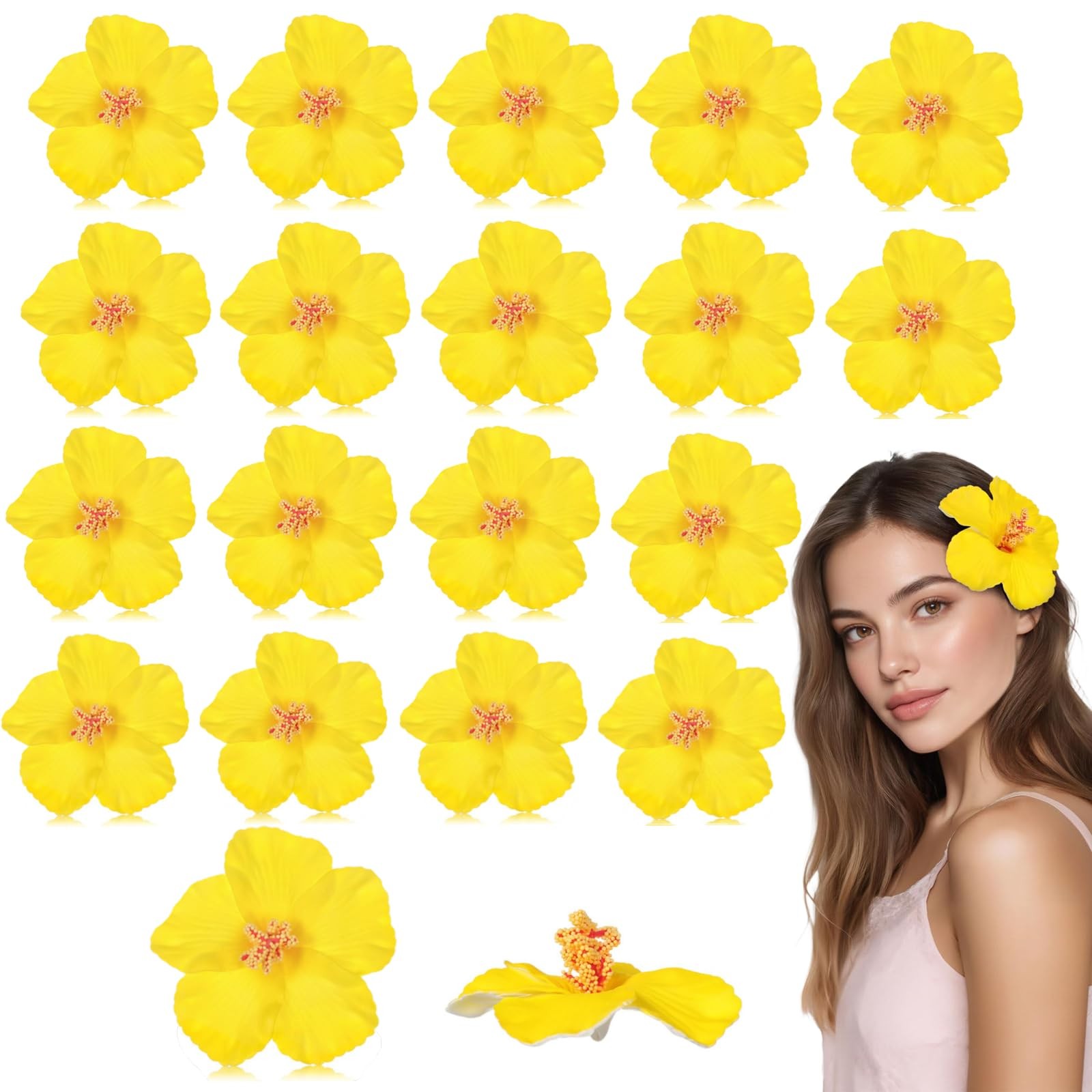 20 Pcs Yellow Artificial Hibiscus Flowers, Fake Hawaiian Flowers for Luau Par…