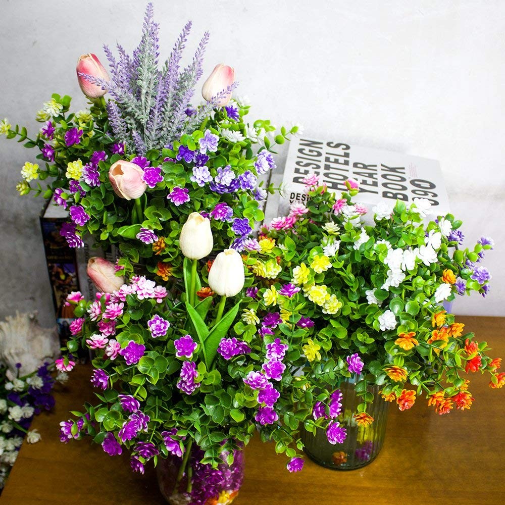 8 Bundles Outdoor Artificial Fake Flowers No Fade UV Resistant Faux Plastic P…