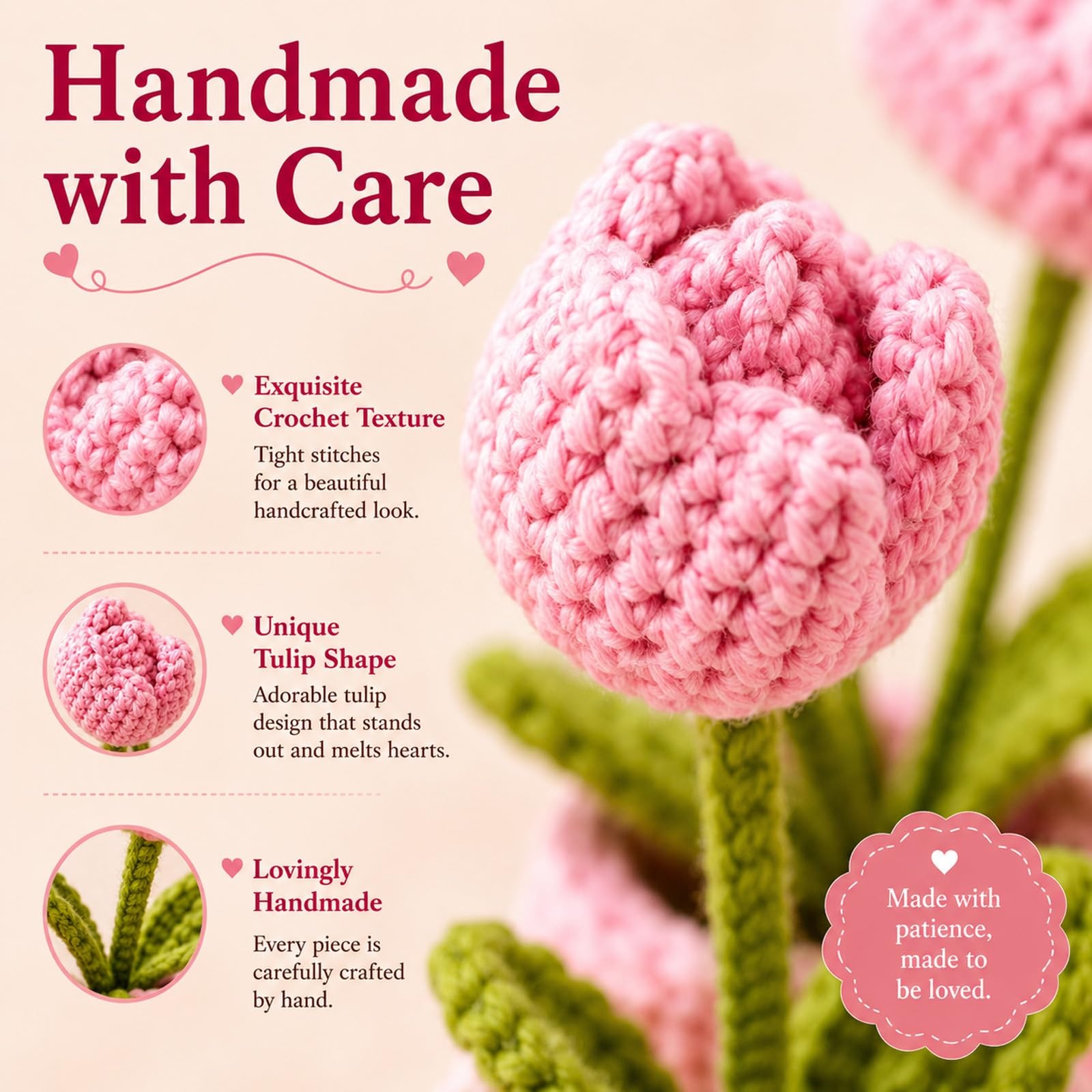 Crochet Tulip Flower Pot Pink Handmade Gift For Women Desk Shelf Decor