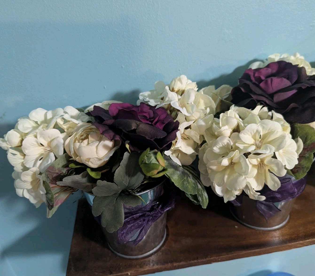 3X Purple & White Silk Flower Arrangements Wedding Centerpieces Silver Pot 7′