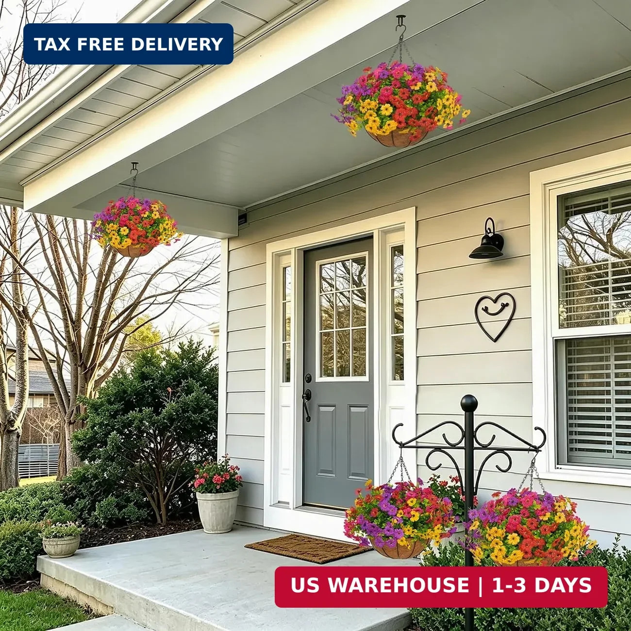 2 Set Artificial Outdoor Flowers with Hanging Basket for Garden Porch Patio Balc