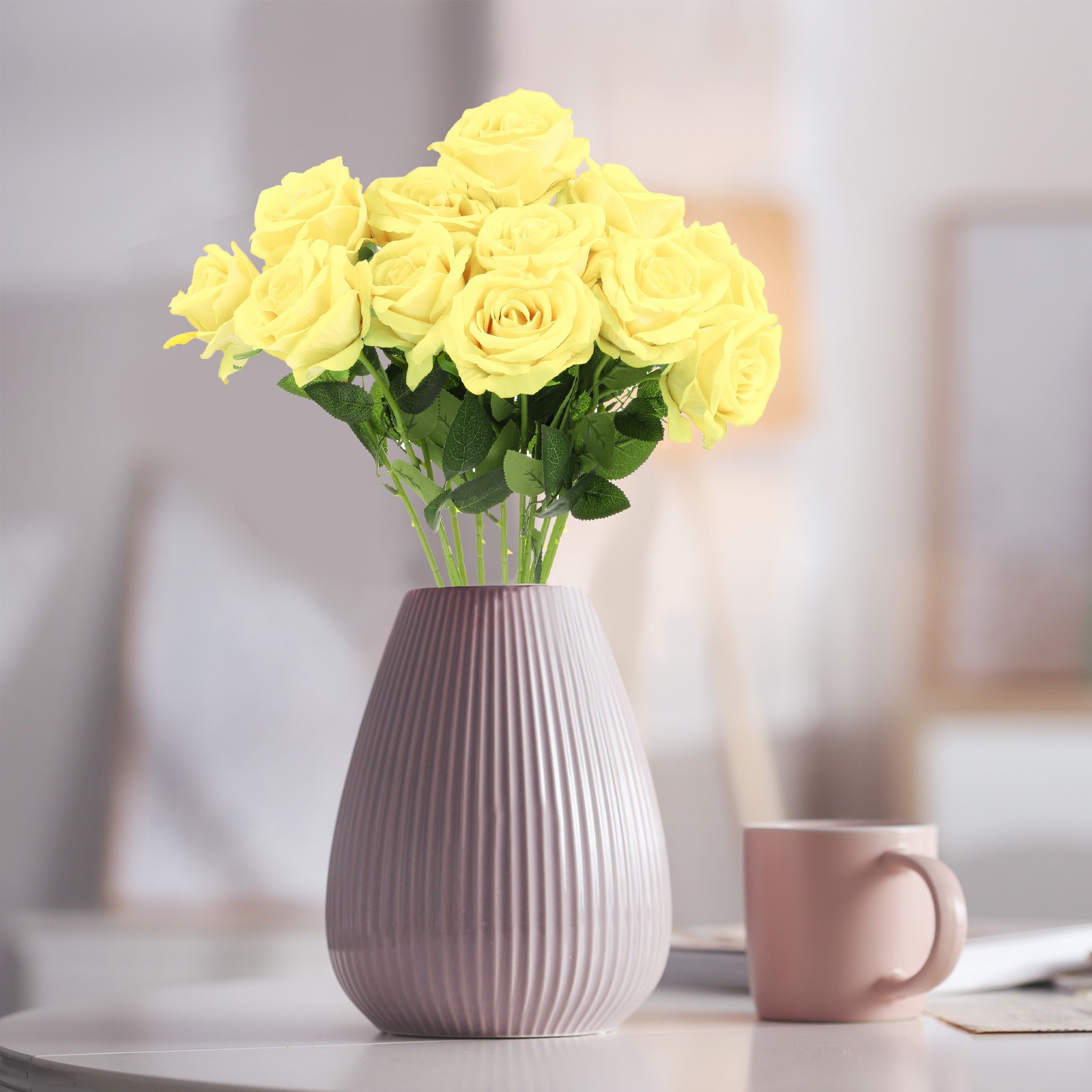 12 Pcs Pale Yellow Roses Artificial Flowers Velvet Rose with Stems