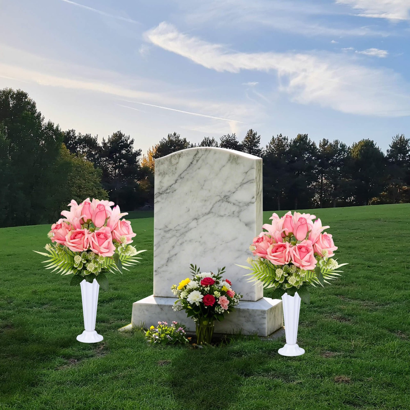 Artificial Cemetery Flowers with Vases Set of 2 Roses Lily Silks Bouquets Rea…