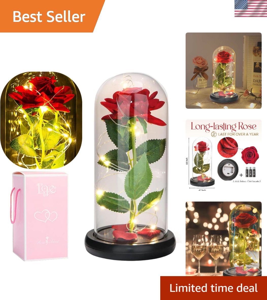 Beauty and The Beast Rose in Glass Dome, Preserved Rose Enchanted Red Silk Rose