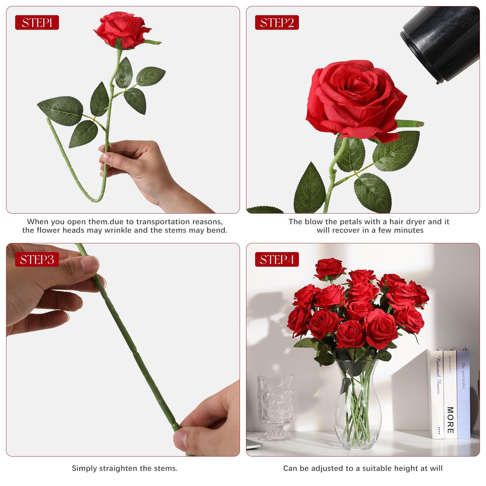 Tifuly 50pcs Red Roses in Bulk, Realistic Long Stem Fake Silk Roses B