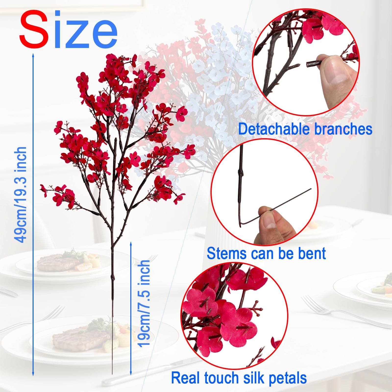 9Pcs 4th of July Baby’s Breath Artificial Flowers, Red White Blue Silk, Patri…