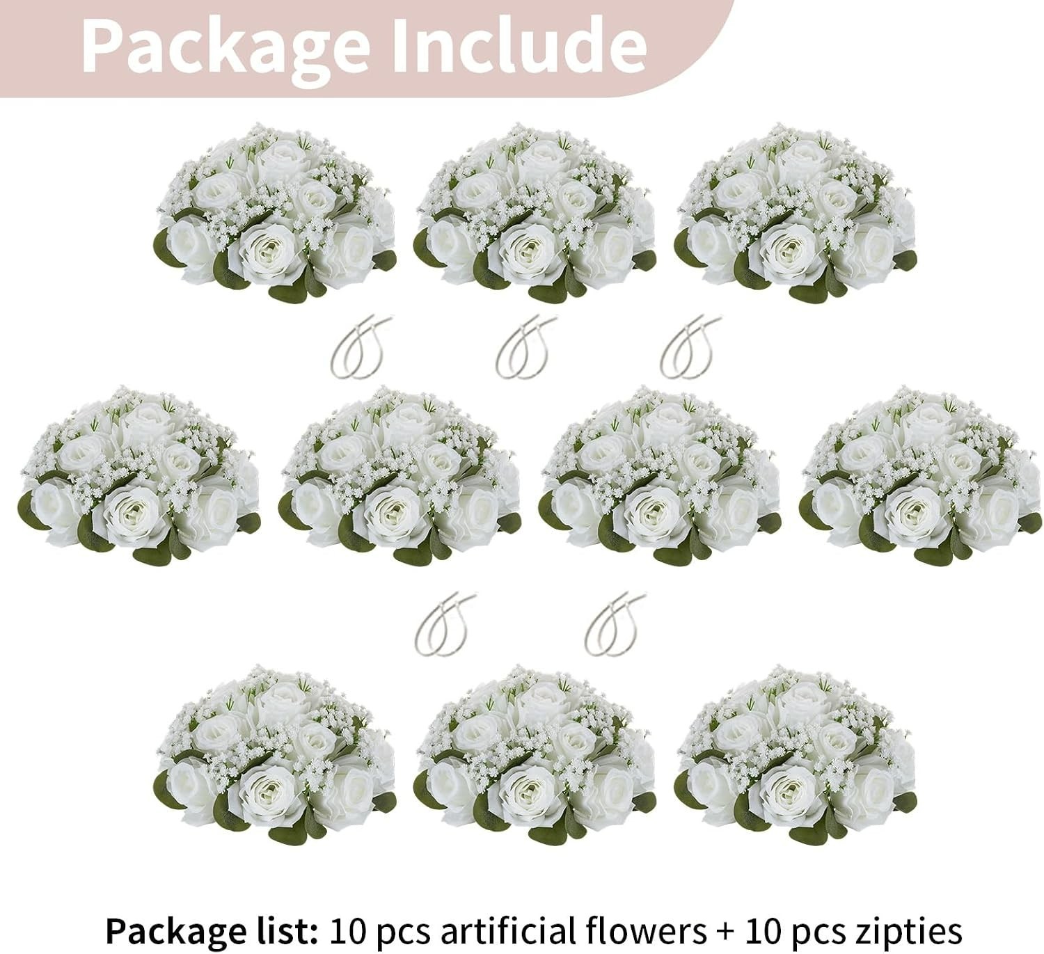 NUPTIO 10 Pieces White Fake Flower Ball Arrangement Bouquet 15 Heads Plastic …