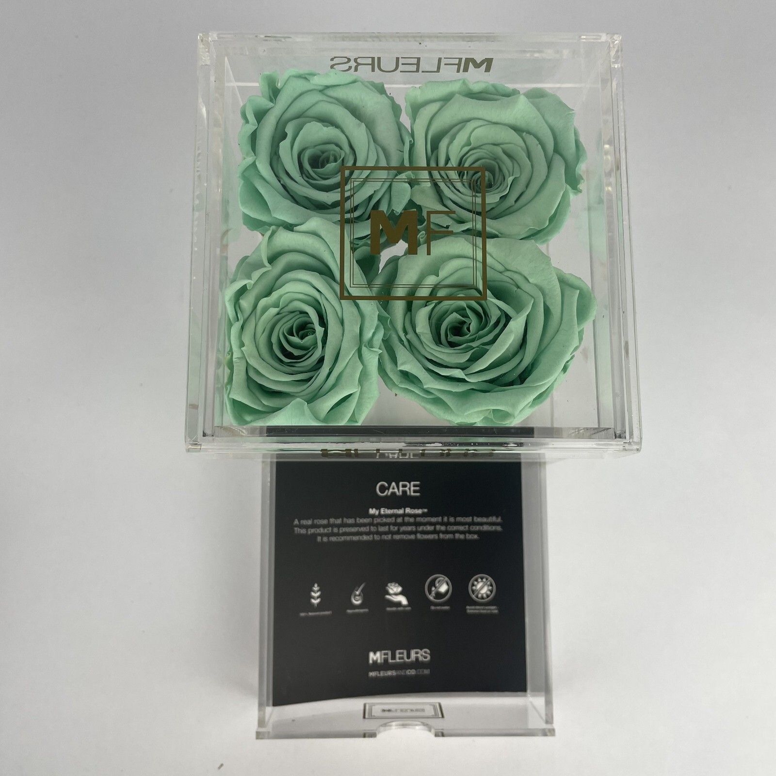 M Fleurs Acrylic Box w/ 5 Ocean Blue Eternal Roses – Keepsake Jewelry Box