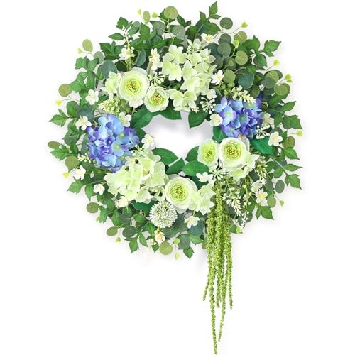 26″ Hydrangea & Eucalyptus Wreath for Front Door, Porch, Window – Large