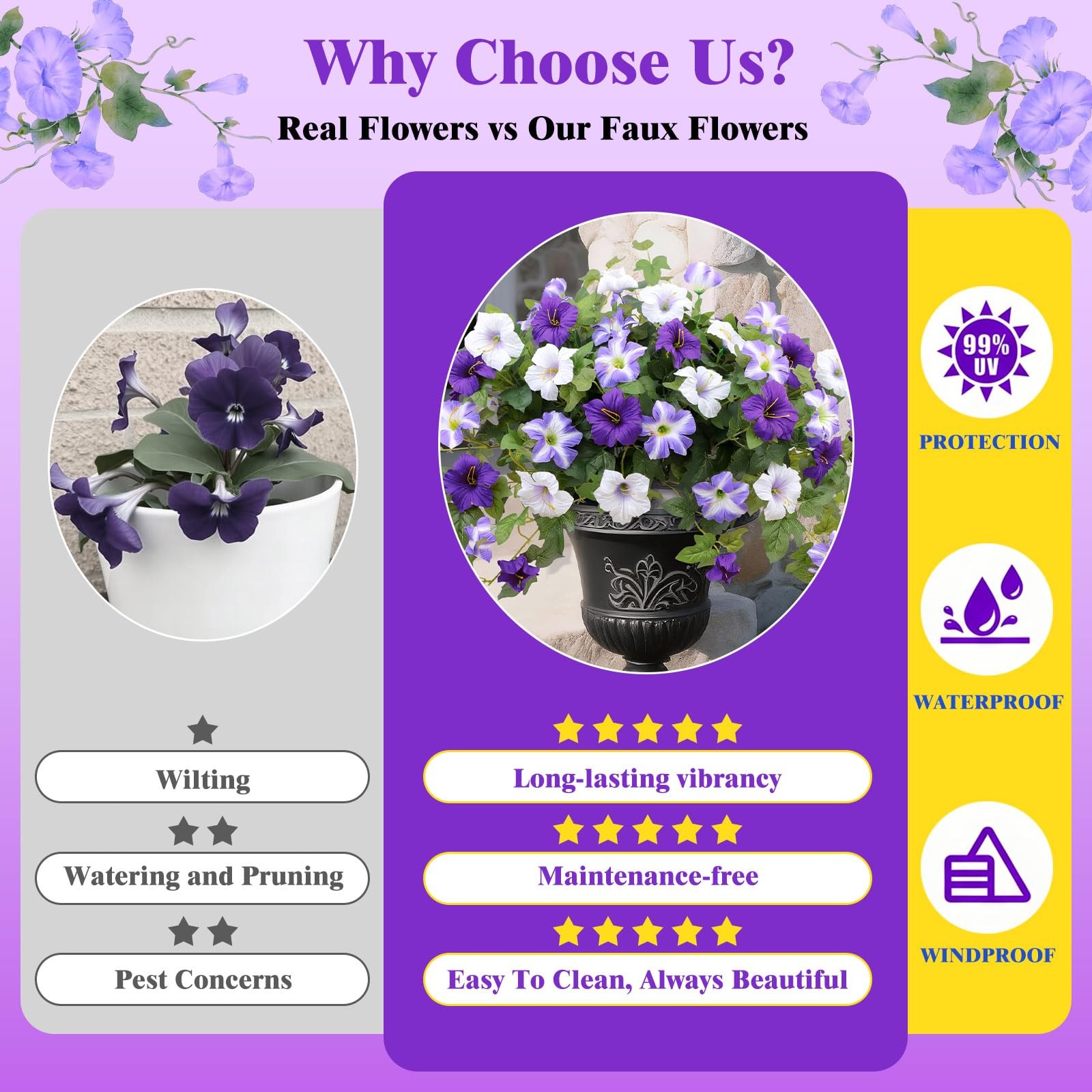 Artificial Flowers for Outdoors, 2 PCS Purple Morning Glory UV Resistant