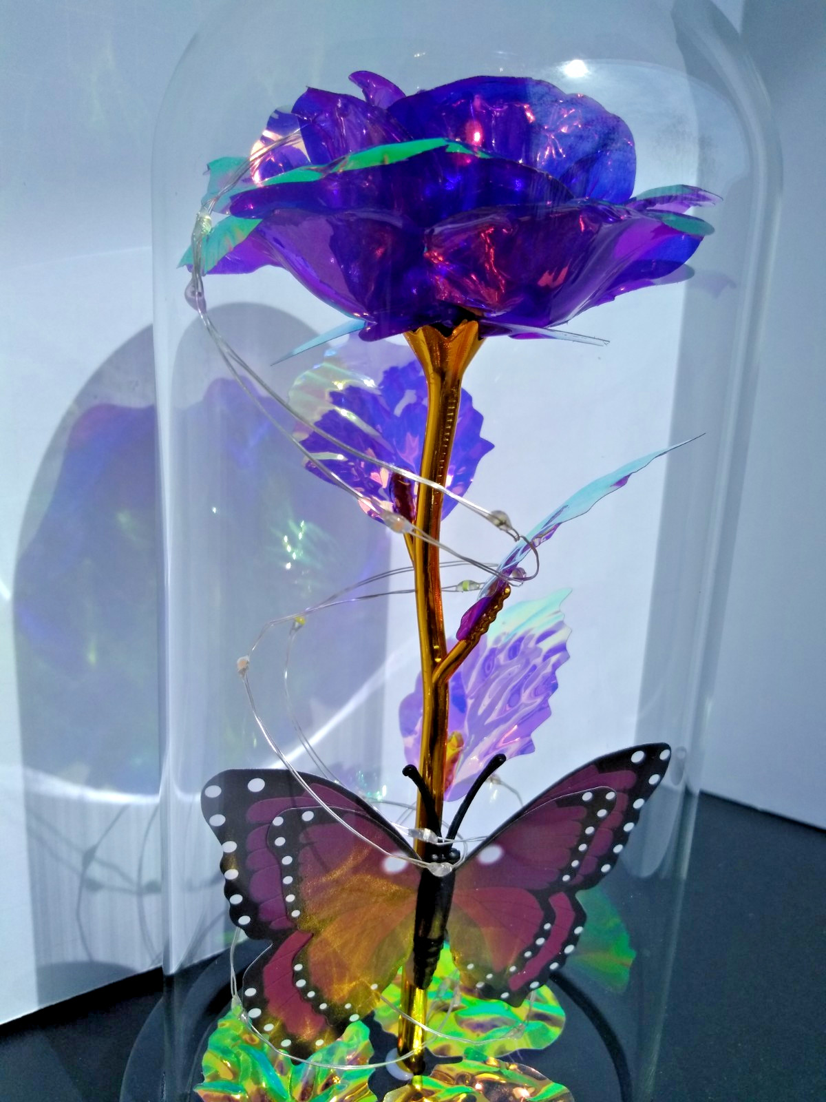 Purple Rose Gift for Women Enchanted Crystal Flower with Butterfly in Glass Dome