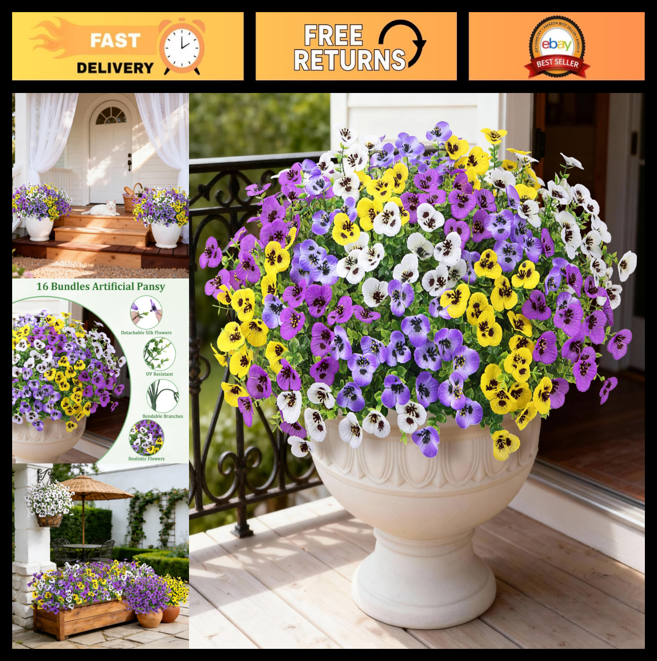 UV Resistant Artificial Pansy Flowers – 16 Bundles for Outdoor Decor, Planters &