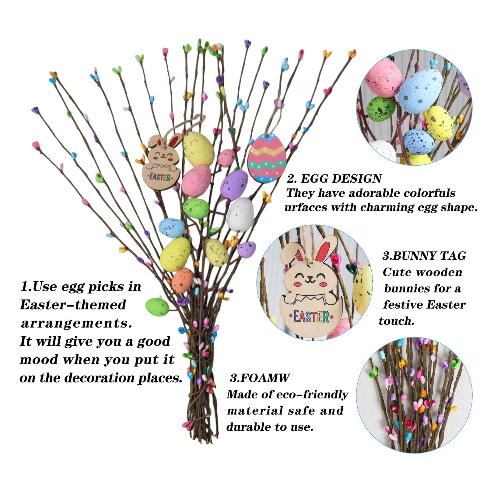 Artificial Easter Spray Vine with Pastel Easter Eggs and Berries, Wooden Eggs…