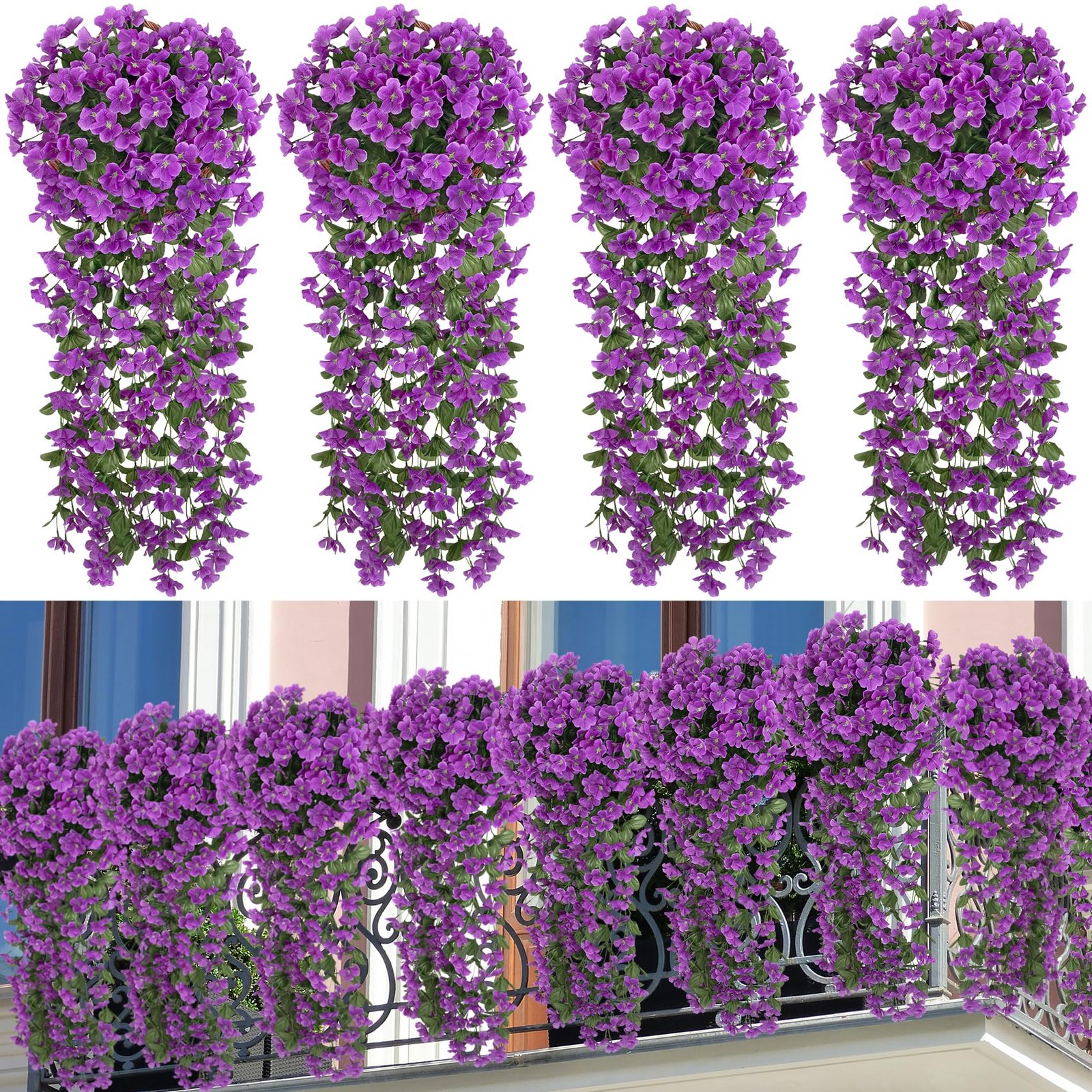 4 Pcs Artificial Hanging Flowers Fake Hanging Plants Violet Flowers Vine Garl…