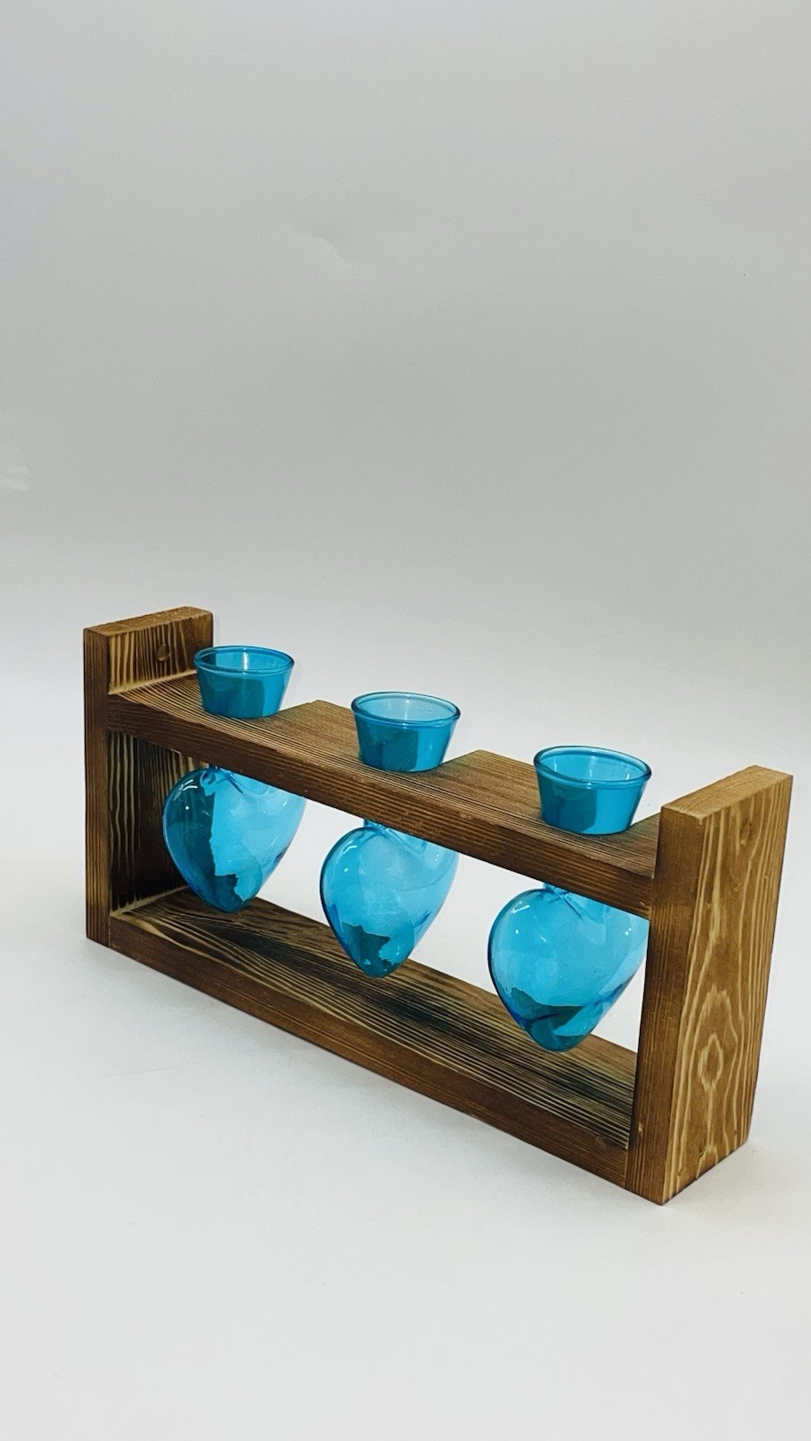 Plant Terrarium Propagation Wood Stand Tabletop Planter 3 Bulb Blue Glass Vase