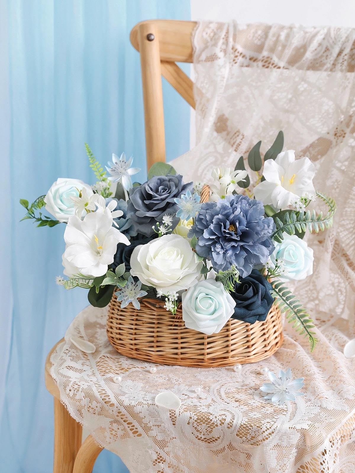 Artificial Flowers Combo Set,Dusty Blue Fake Roses Silk Flowers with Stems fo…