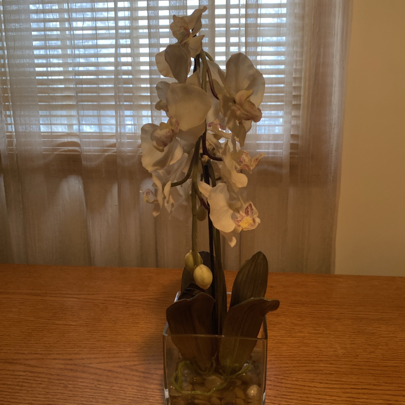 Artificial Orchids for Home Decor Indoor Clear Glass Vase With Added Rocks