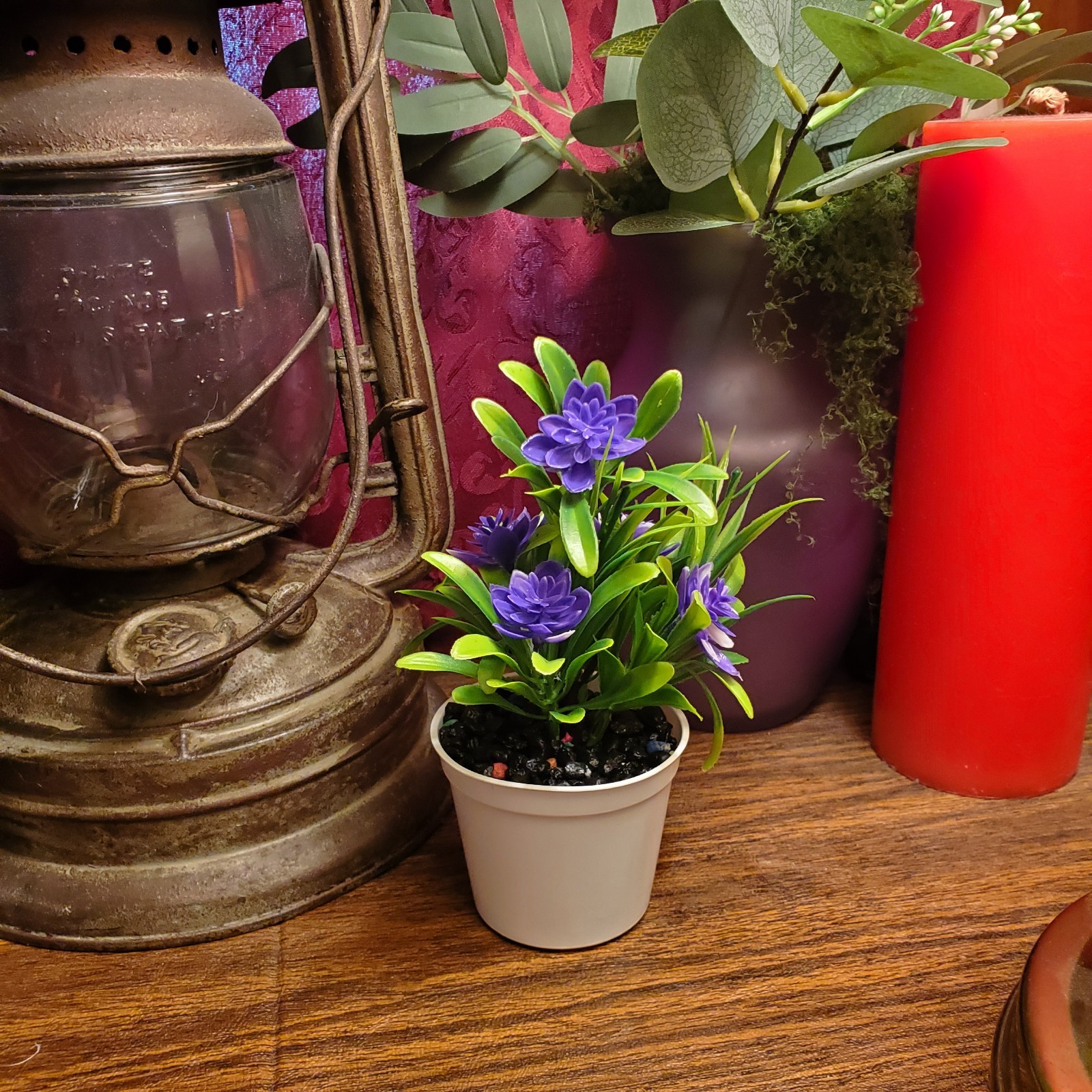 Potted Artificial Mini Purple Lotus Bonsai Plant Faux Desk Decor W/ Rocks 7″ USA