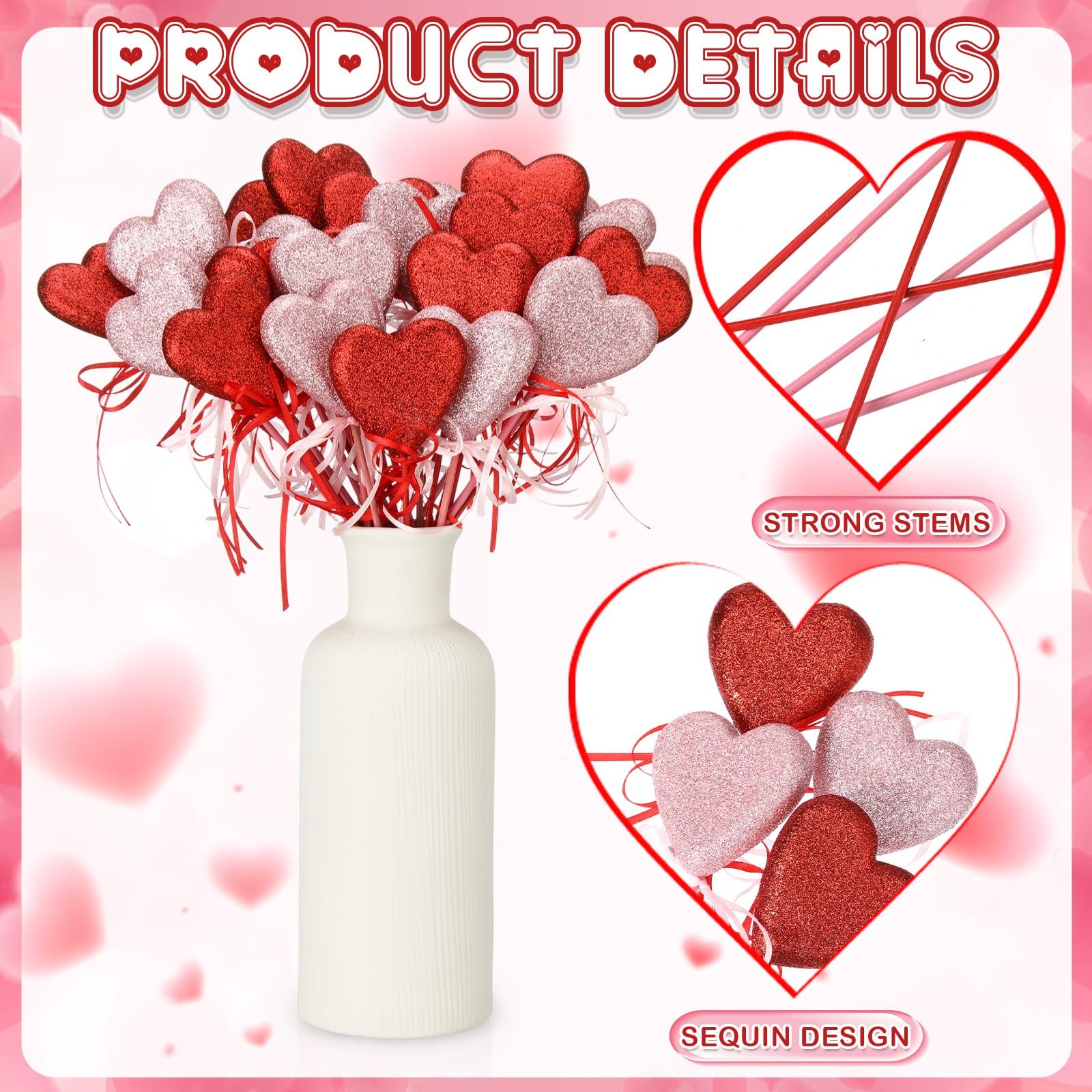 30 Pcs Valentine’s Day Glitter Foam Red & Pink Hearts Picks Puffy Heart Spark…