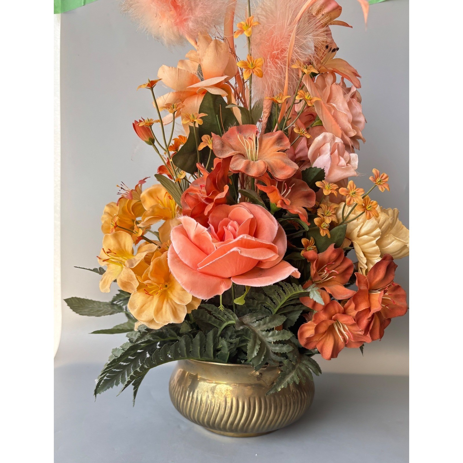 Vtg Silk Floral Arrangement Peach Feathers Roses Brass Bowl Made in India 15″