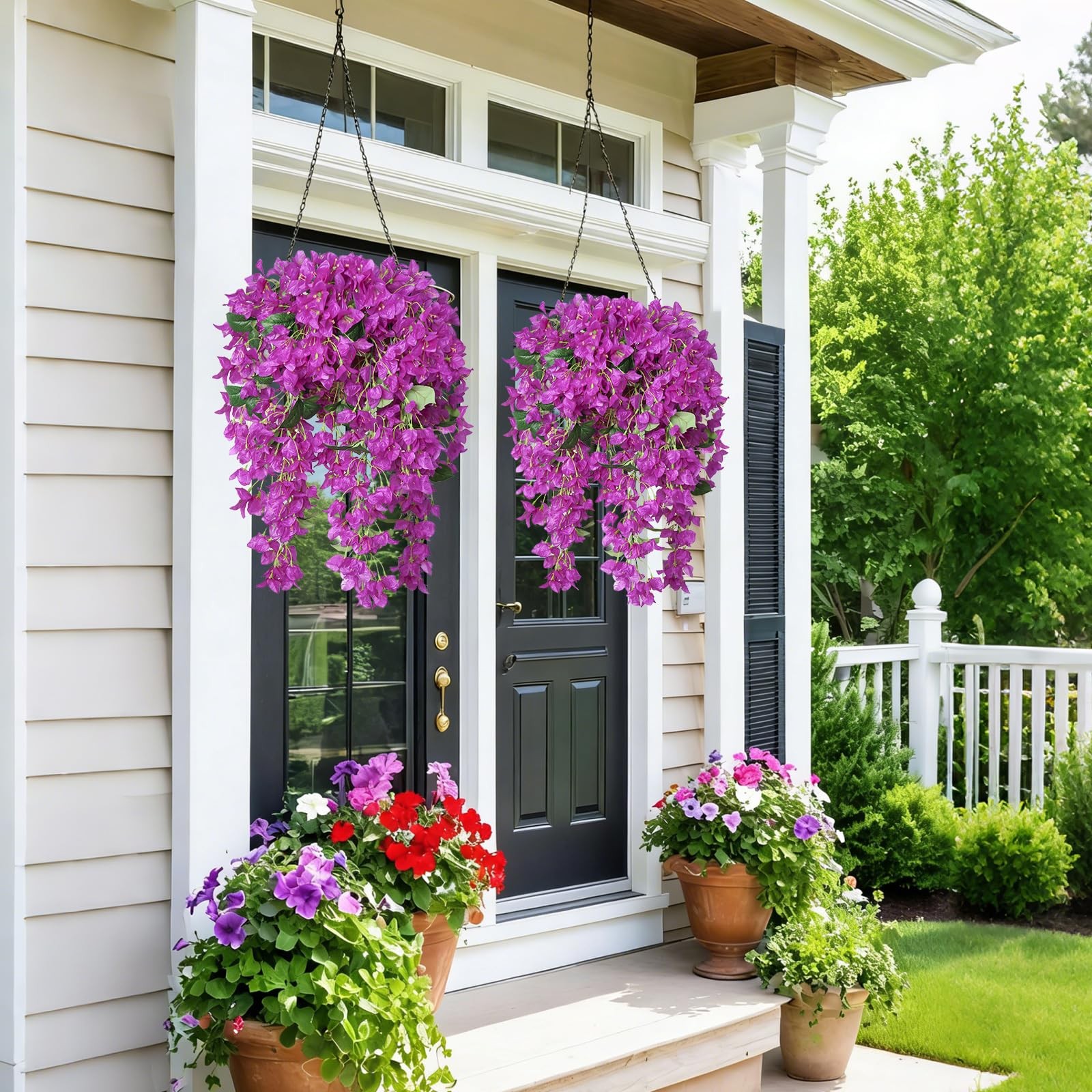 2Pcs Artificial Bougainvillea Hanging Flowers for Outdoor, 30in Silk Faux Pla…