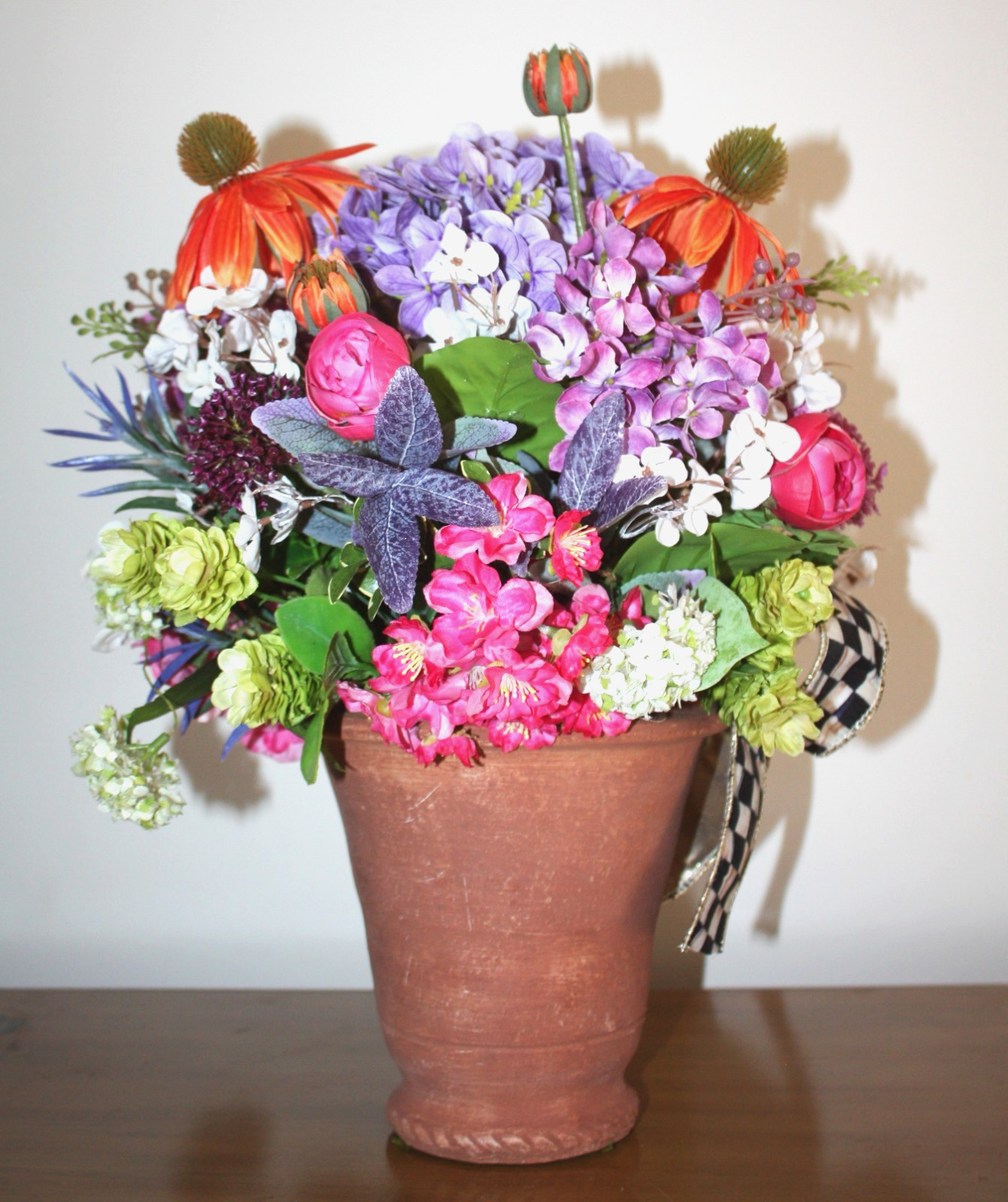 Faux Floral Arrangement Potted in G. Wolff Planter With Mackenzie Childs Bow!