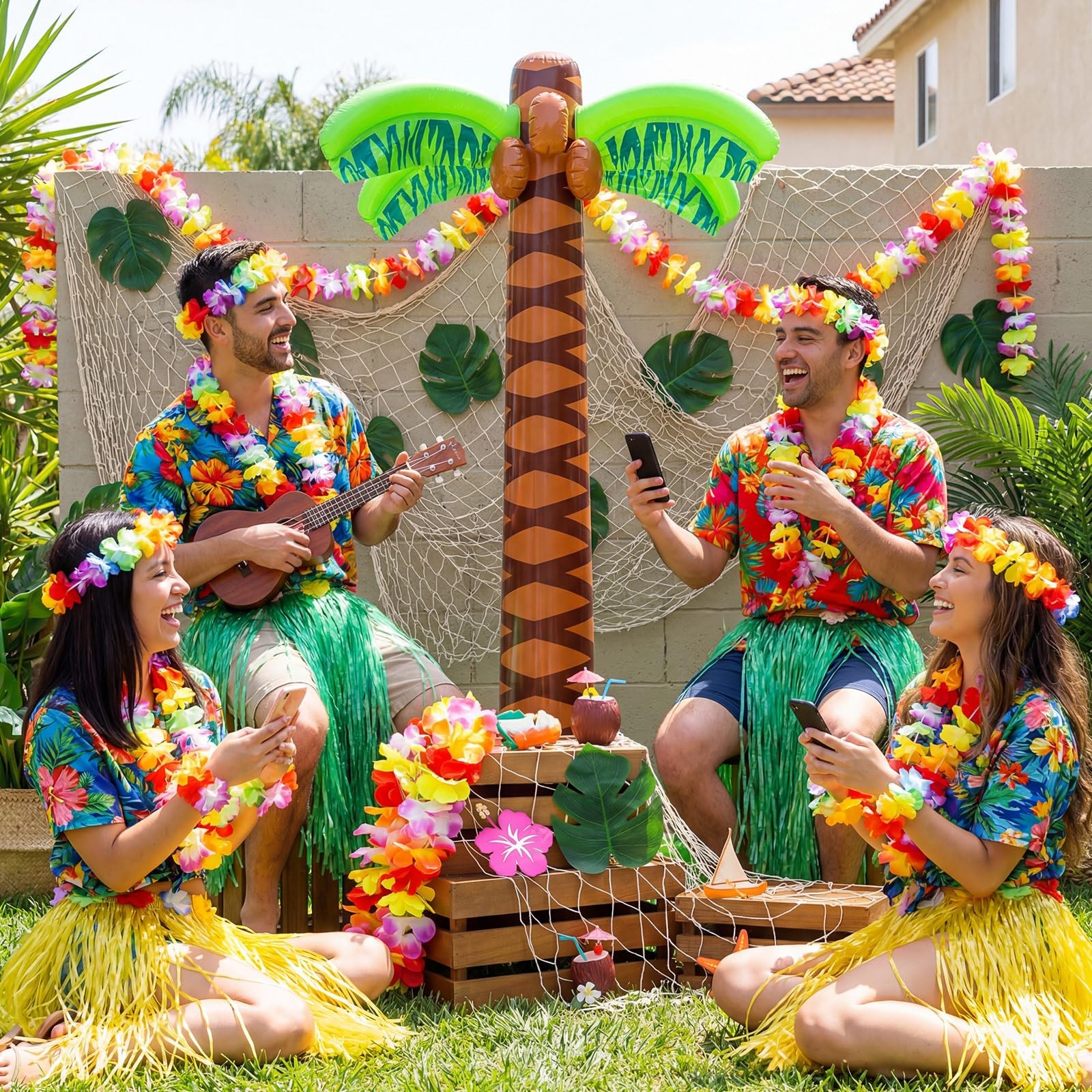 11 Pcs Hawaiian Party Decoration Set 70 Inch Giant Inflatable Palm Tree Woode…