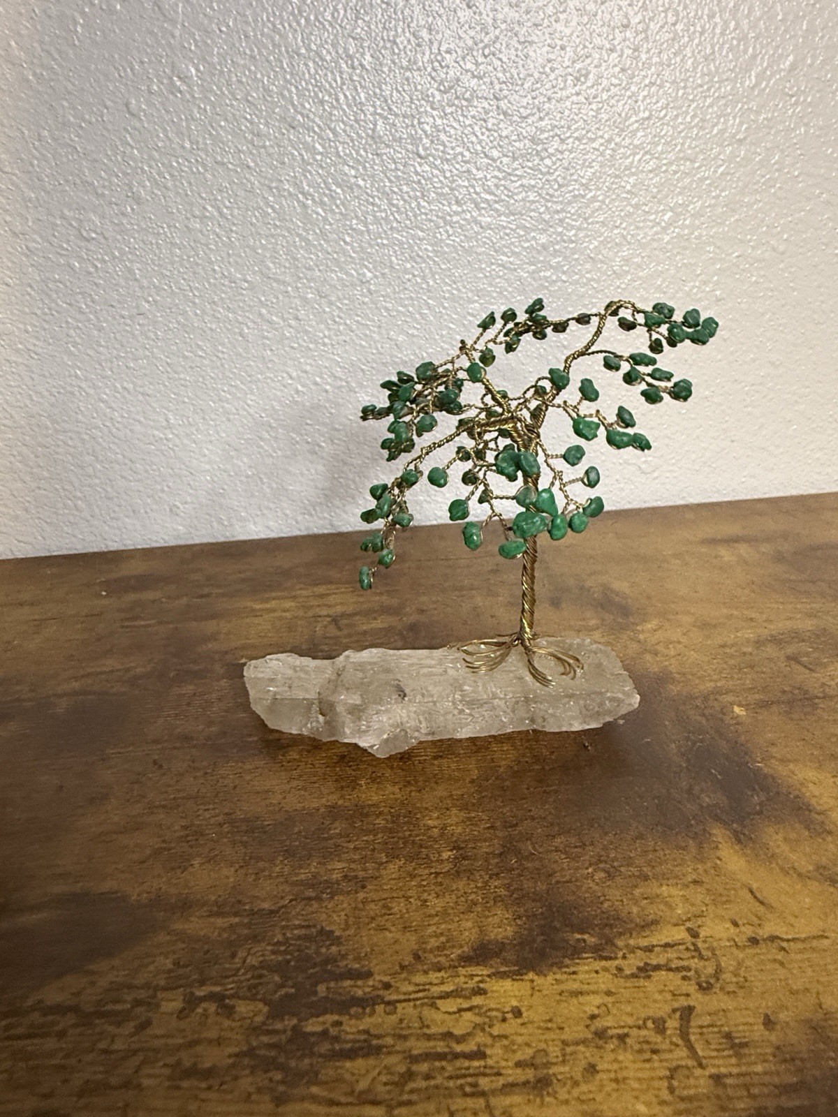 Small Vintage Bonsai Tree Cooper Stone Green Beads Flowers Leaves