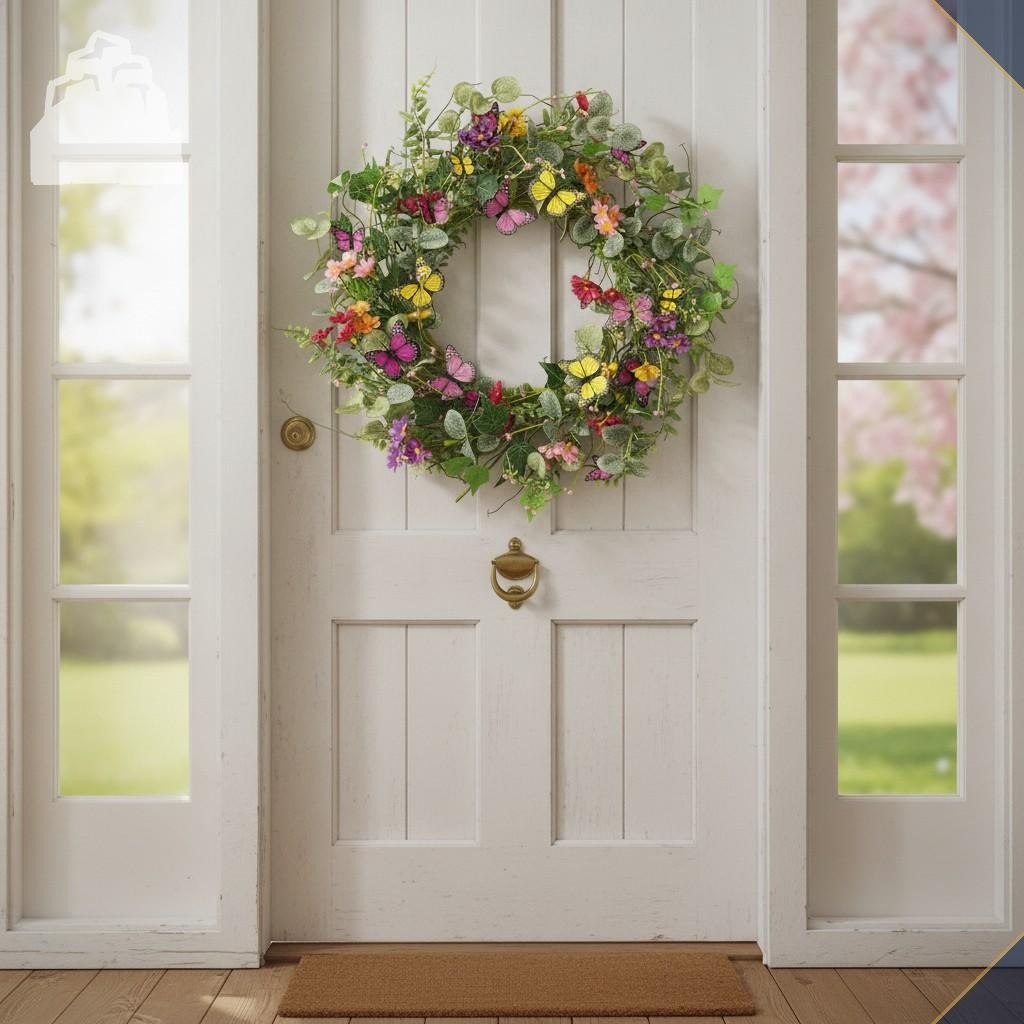 20″ Artificial Spring Summer Wreath Butterflies Eucalyptus Daisy Decor