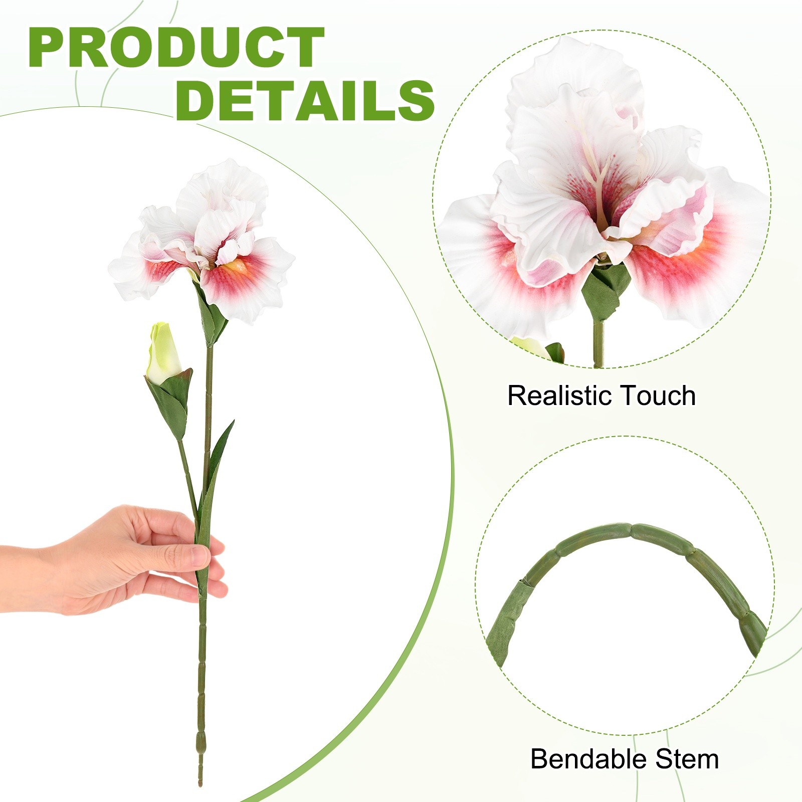 1-Pack Artificial Iris Flowers with Flower Bud 17.7 Inch for Home [White Pink]