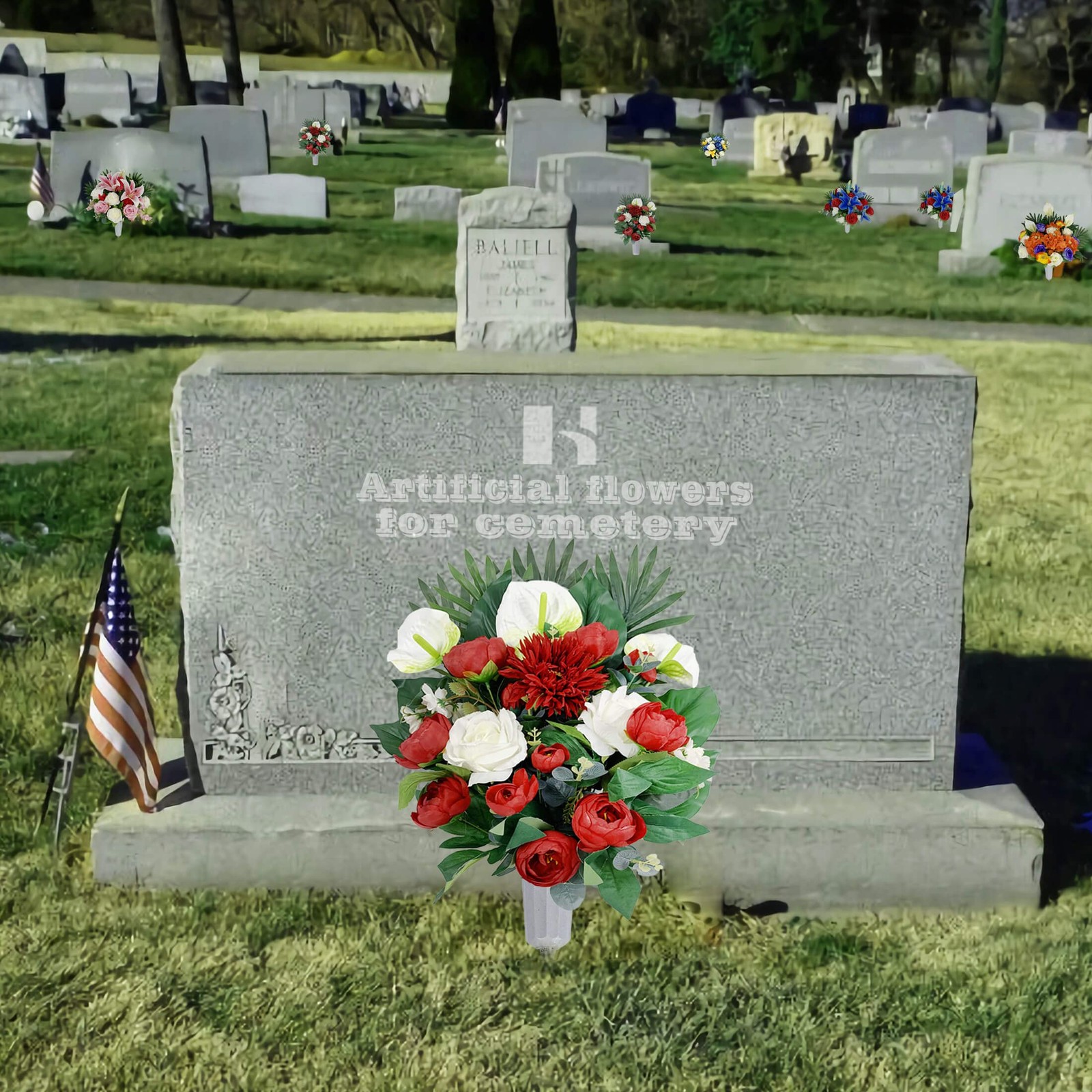 Artificial Cemetery Flowers Grave Memorial Bouquet Red Camellia White Rose Vase