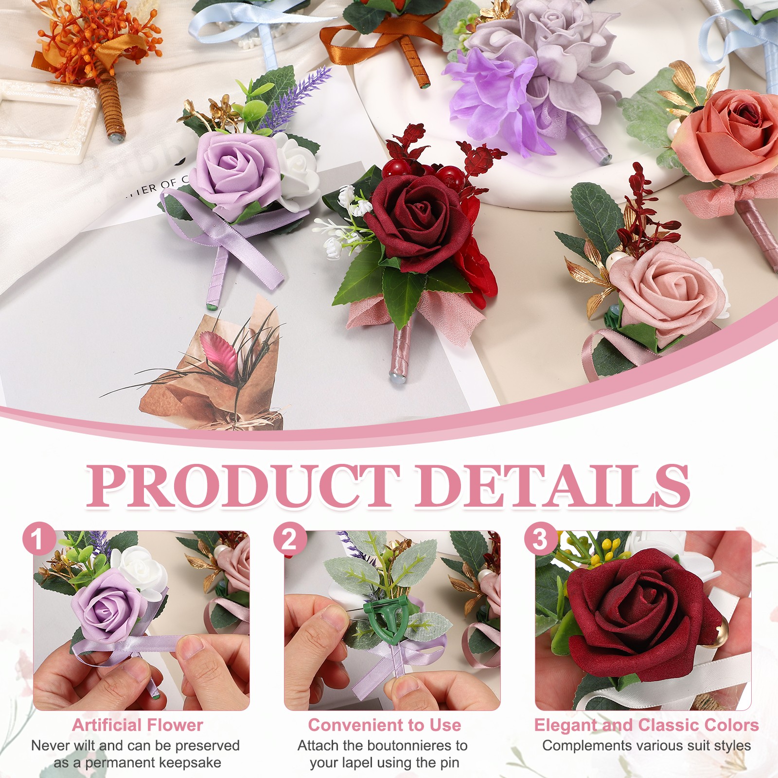 Mens Boutonnieres for Weddings, 6 Pcs Rose Boutonnieres, White/Burgundy