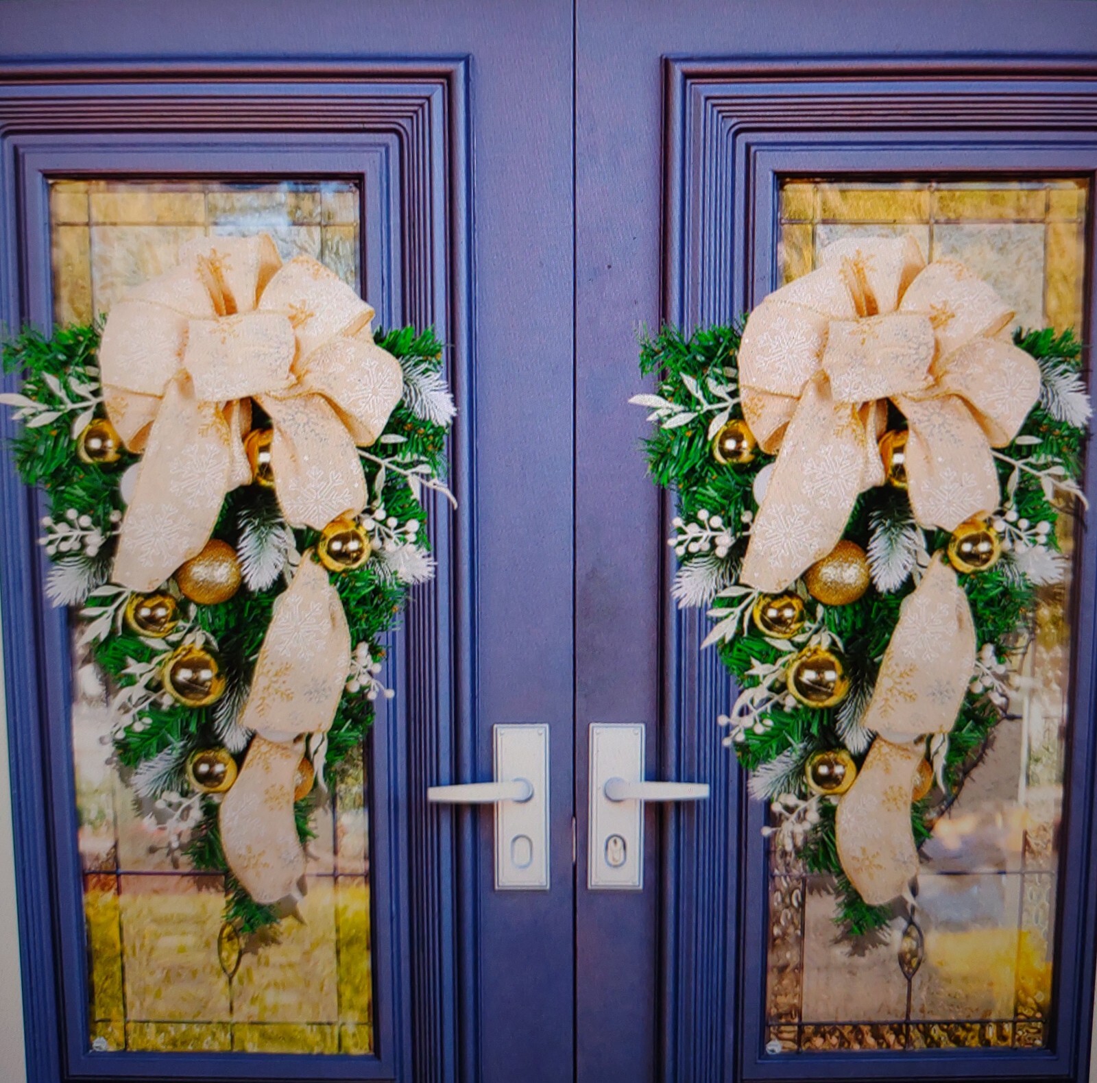 Artificial Holiday Festive Wreath for Front Door or Porch, Ribbon
