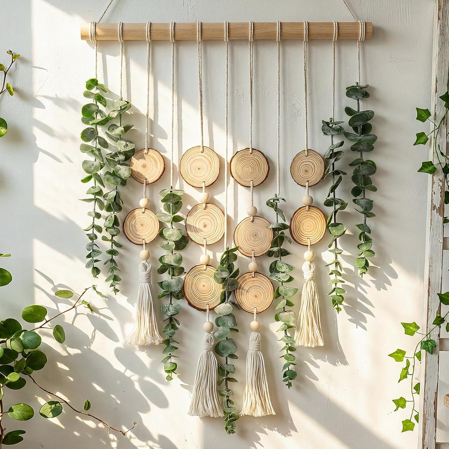 Artificial Eucalyptus Wall Hanging, Fake Greenery Leaves Stems with Wood Slices