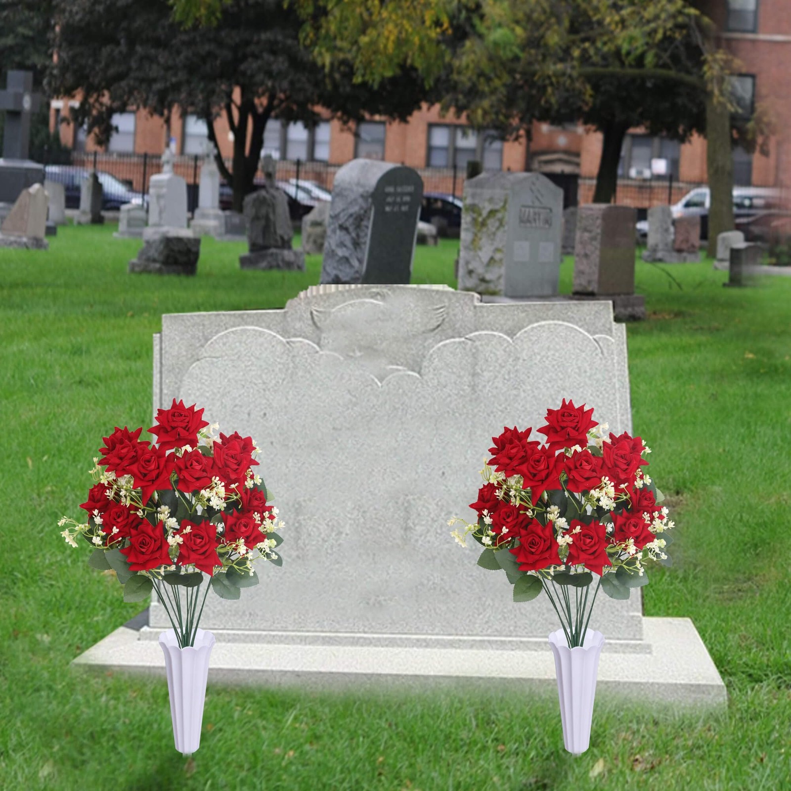 Artificial Cemetery Flowers – Artificial Rose Memorial Flowers with Vase,Head…